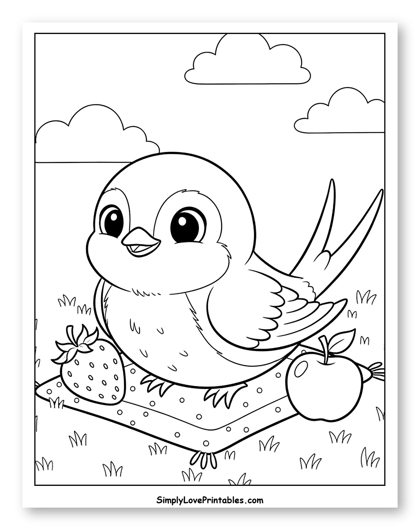 Baby Swallow on Blanket with Strawberry and Apple