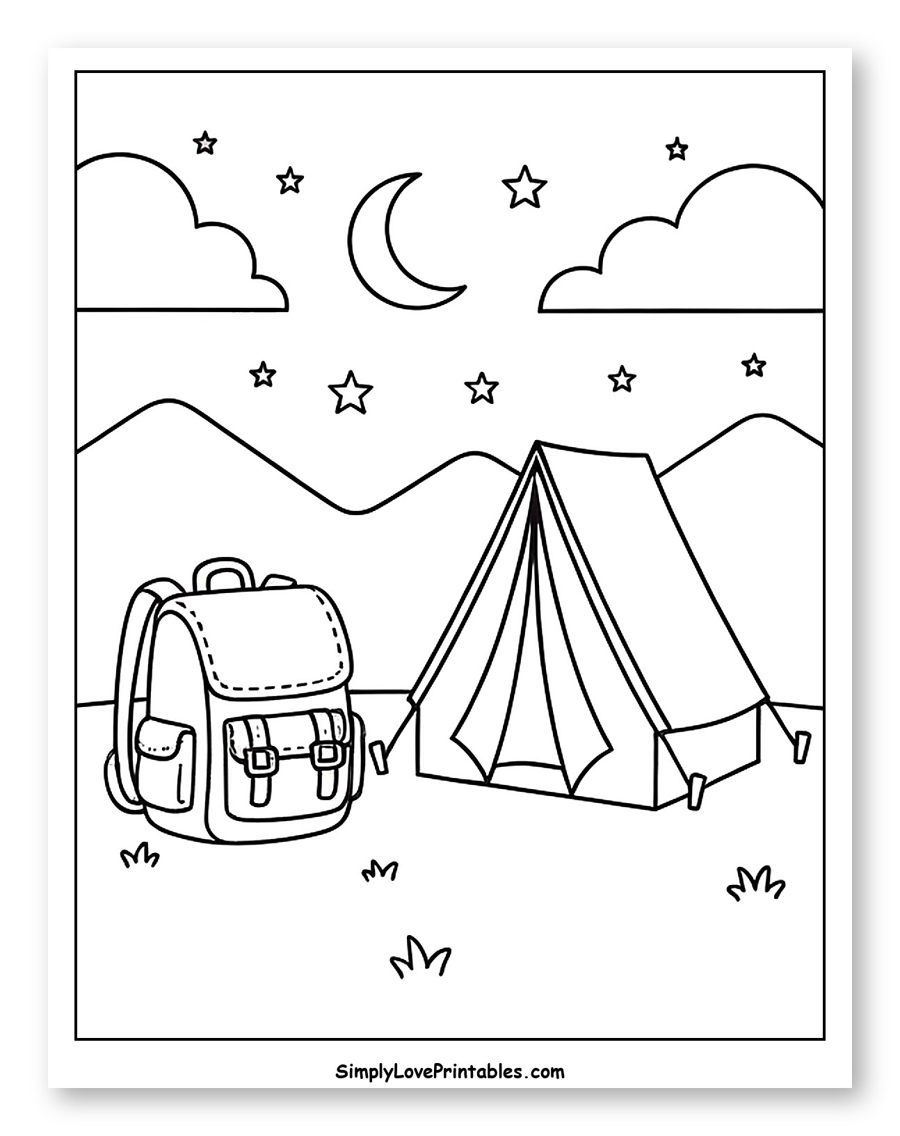 Backpack and Tent under a Starry Sky Coloring Sheet for Kids