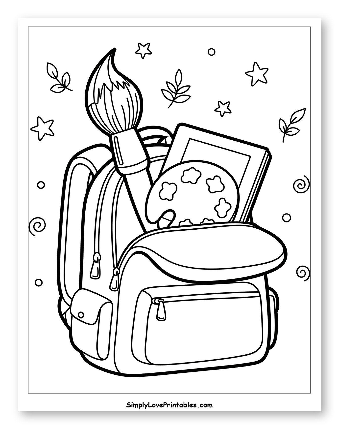 Backpack with Art Supplies and Stars Coloring Page for Adults