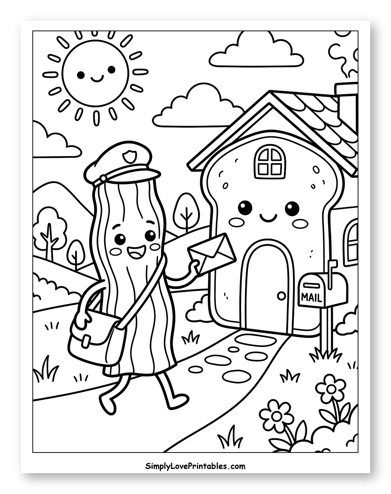 Bacon Postman Delivers Mail to Toast House to Color for Kids
