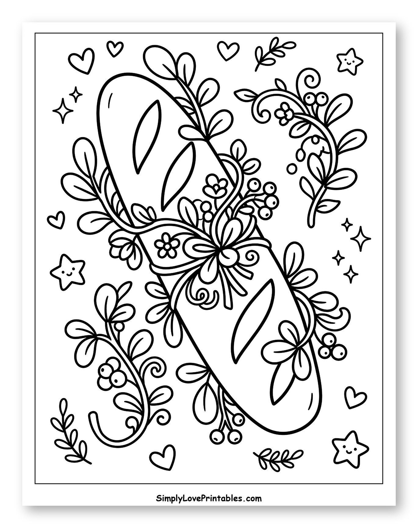 Baguette Decorated with Flowers, Berries and Leaves Coloring Sheet for Adults