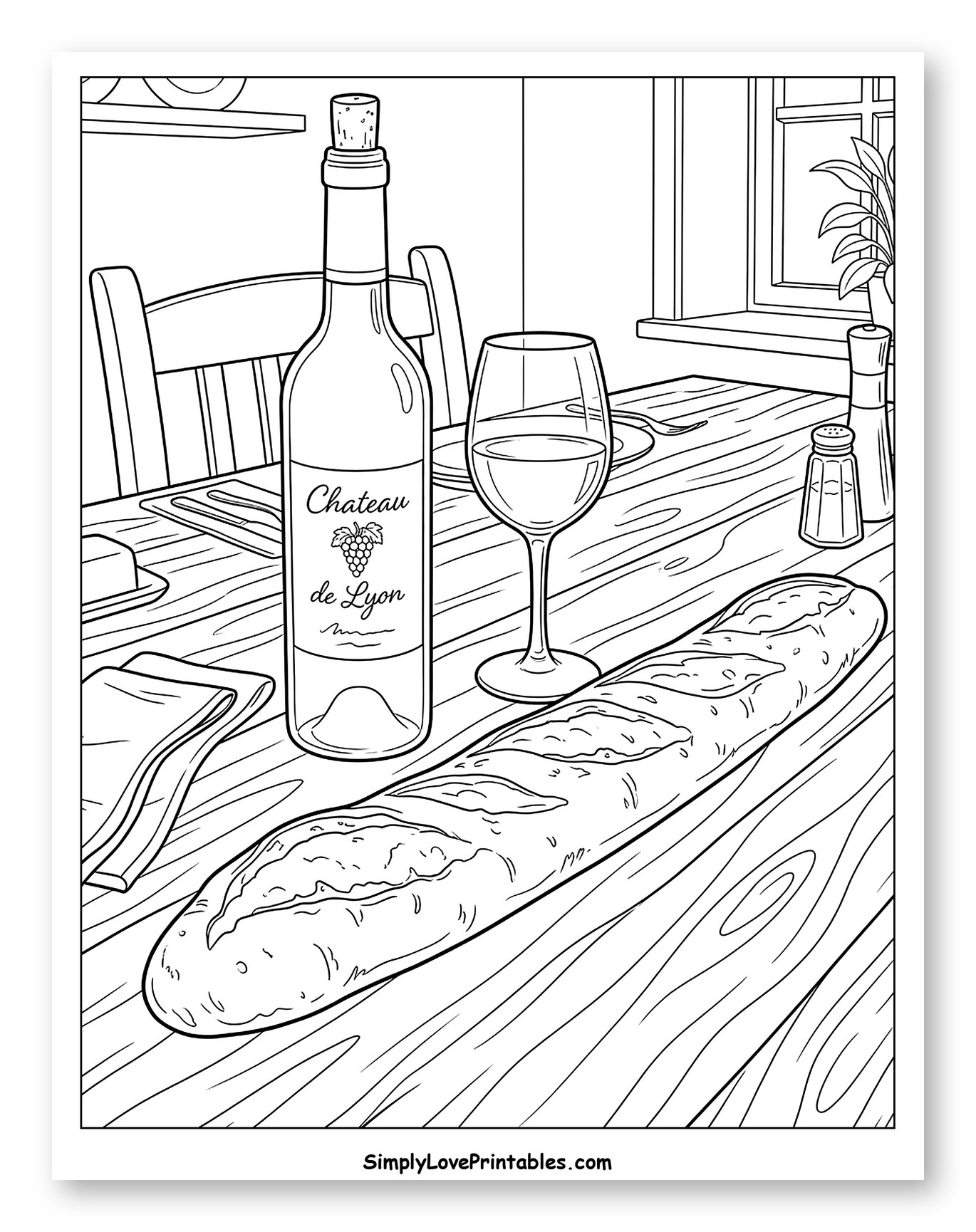 Baguette, Wine, and Dinner Table Setting to Color
