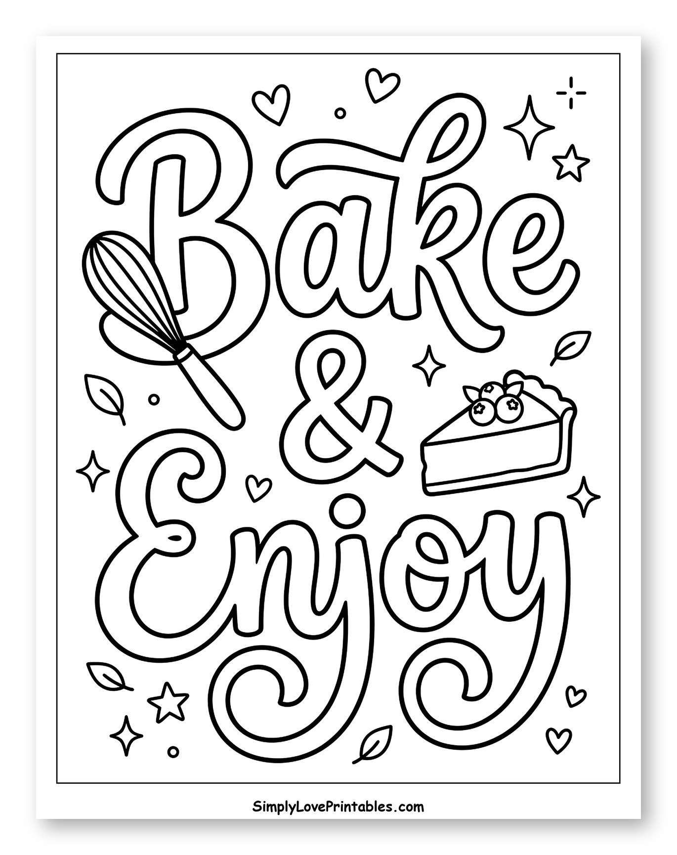 Bake and Enjoy Text with Whisk and Cheesecake Coloring Page for Adults