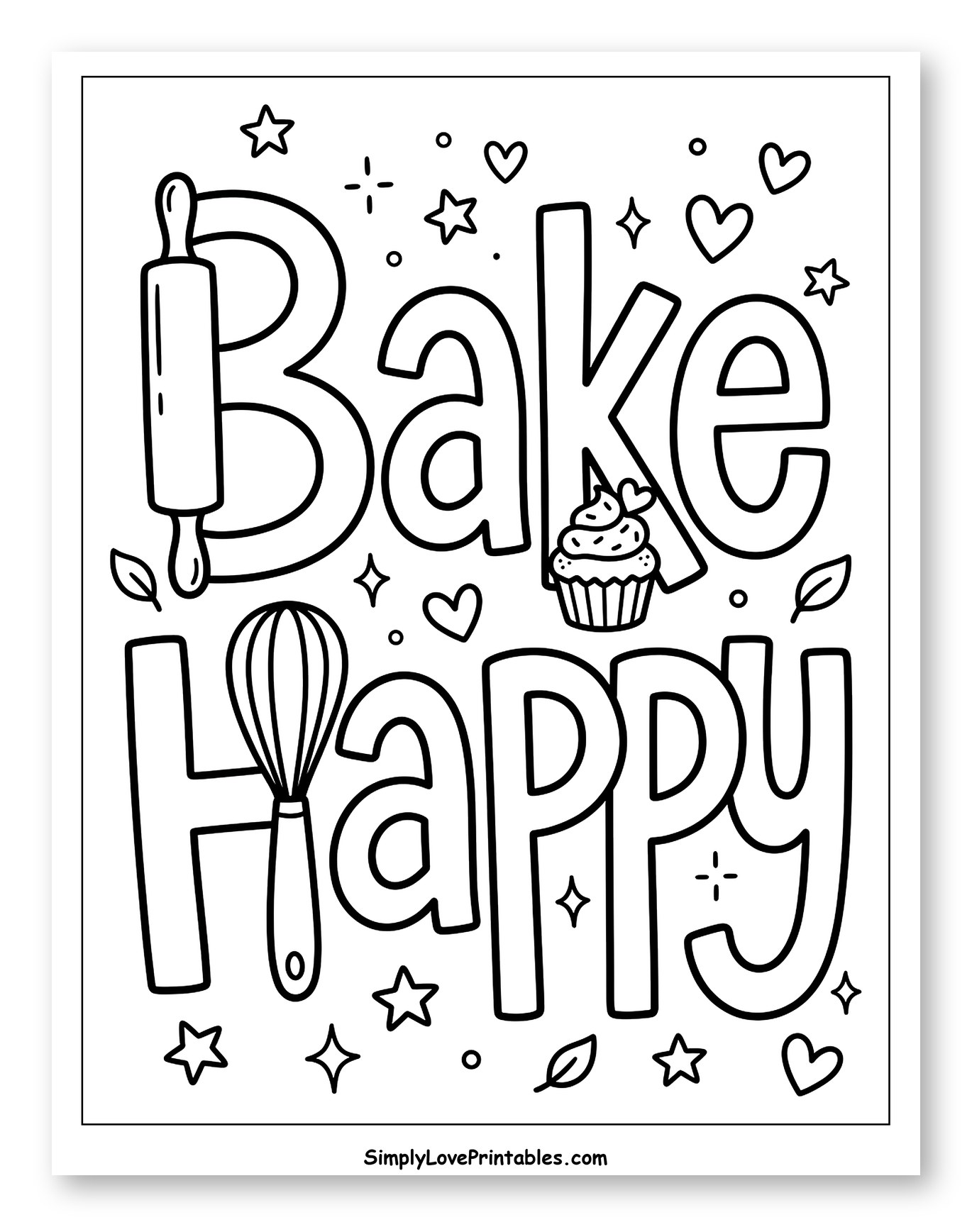 Bake Happy Lettering with Kitchen Tools and Cupcake to Color for Adults