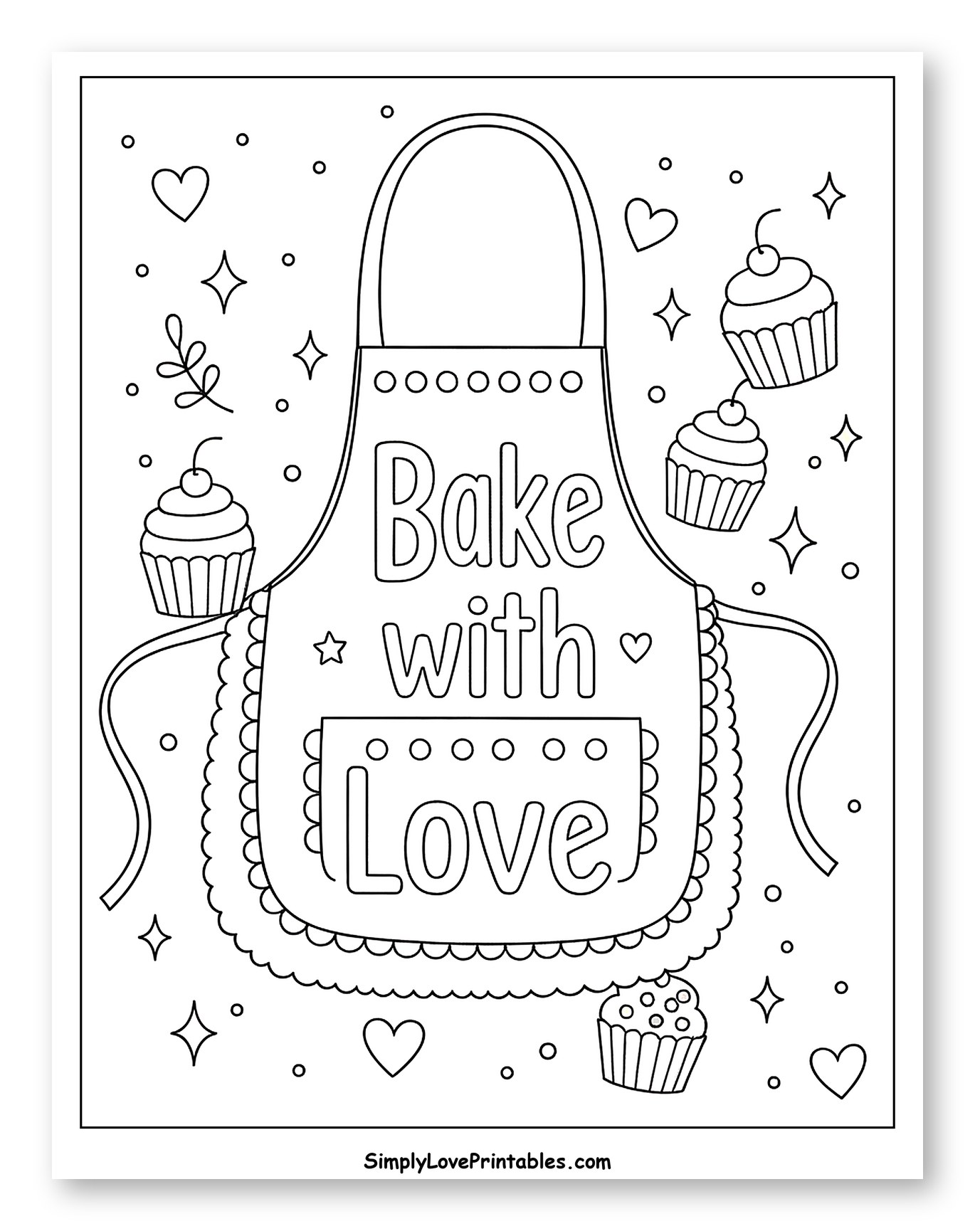 Bake with Love Apron and Cupcakes Coloring Page for Adults