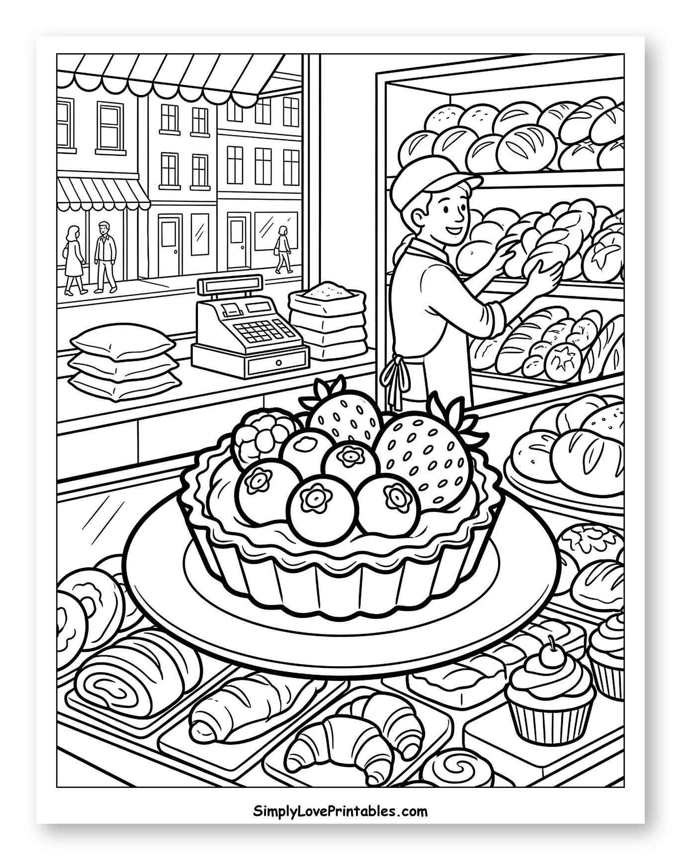 Baker Arranging Bread in a Bustling Bakery