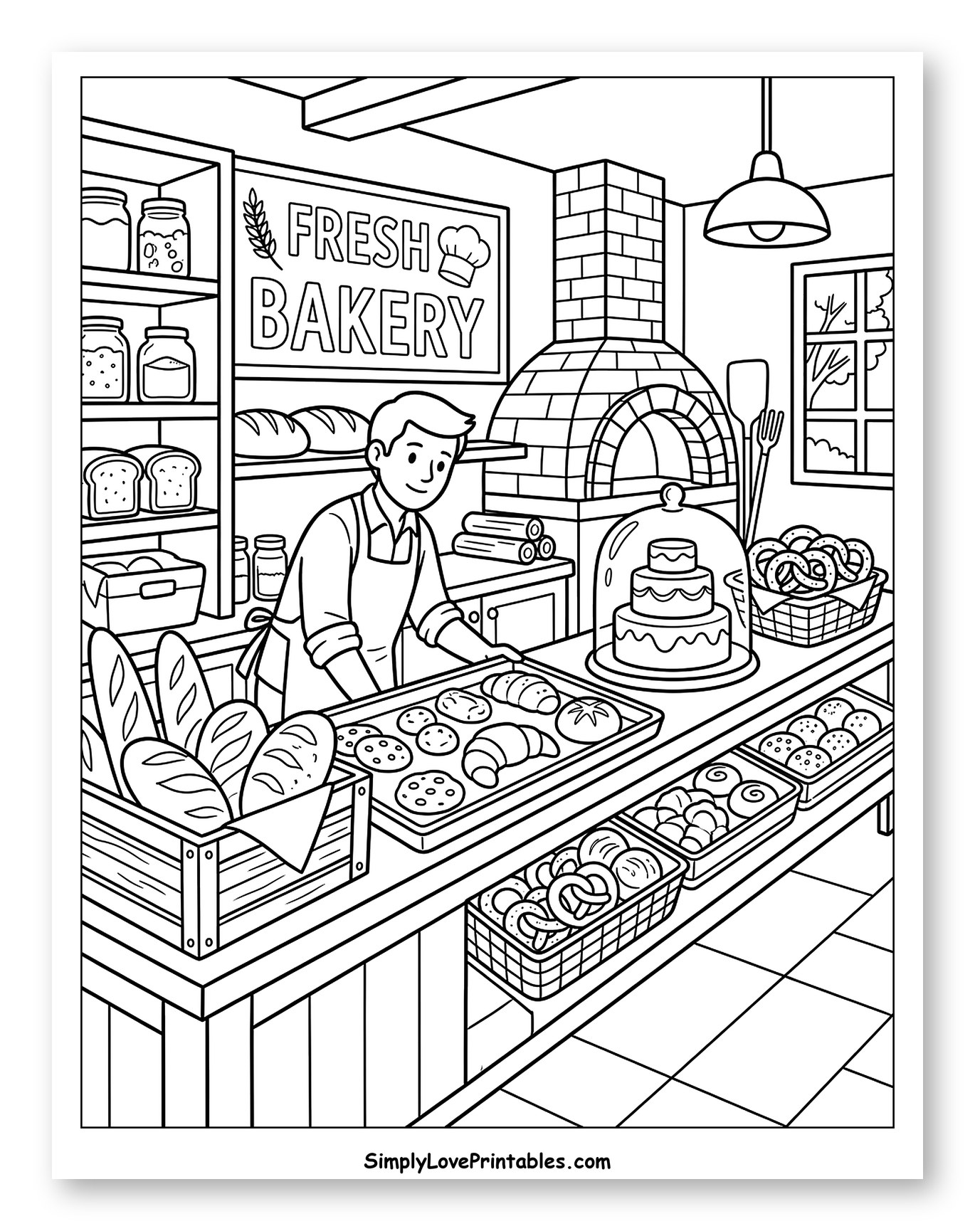 Baker in a Fresh Bakery Coloring Page for Toddlers