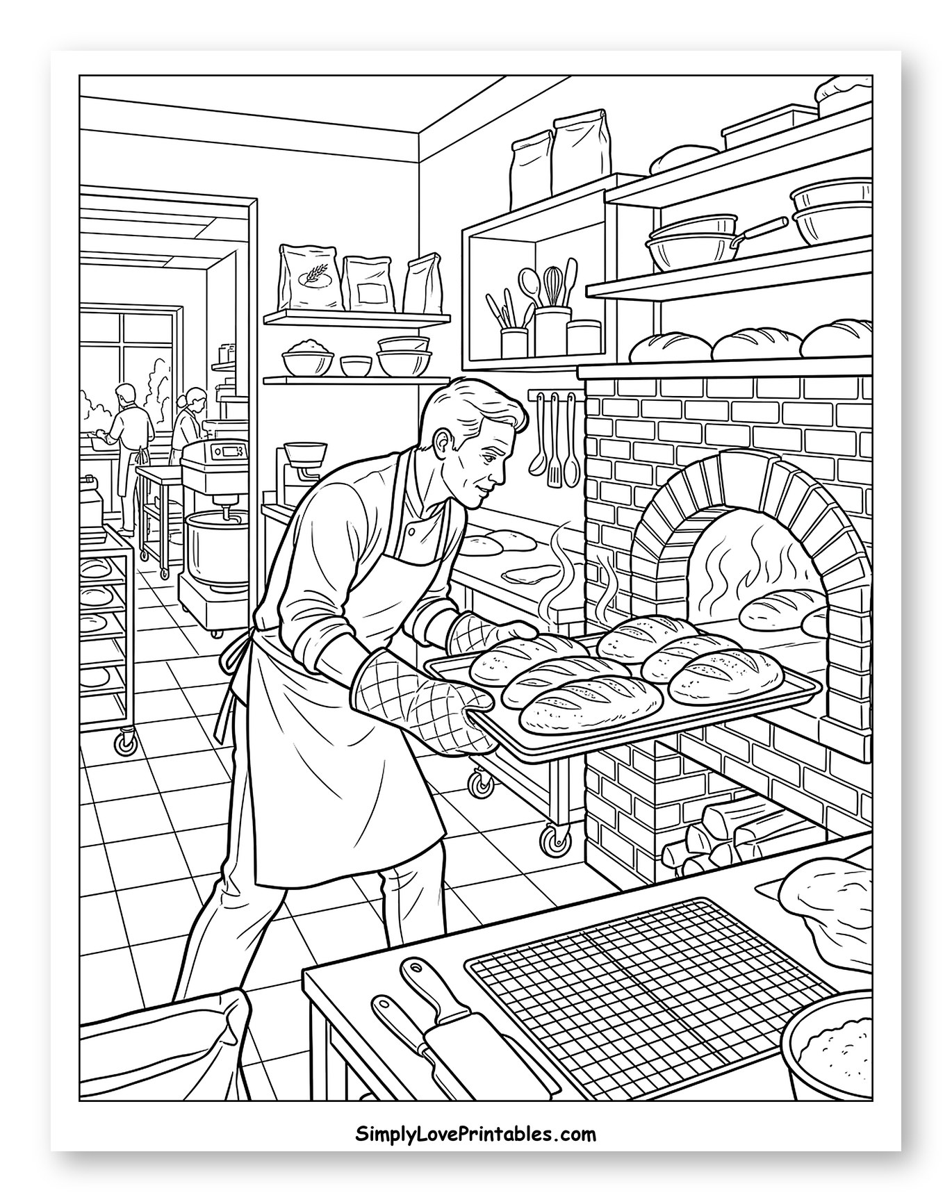 Baker Pulling Warm Loaves from Oven Coloring Sheet