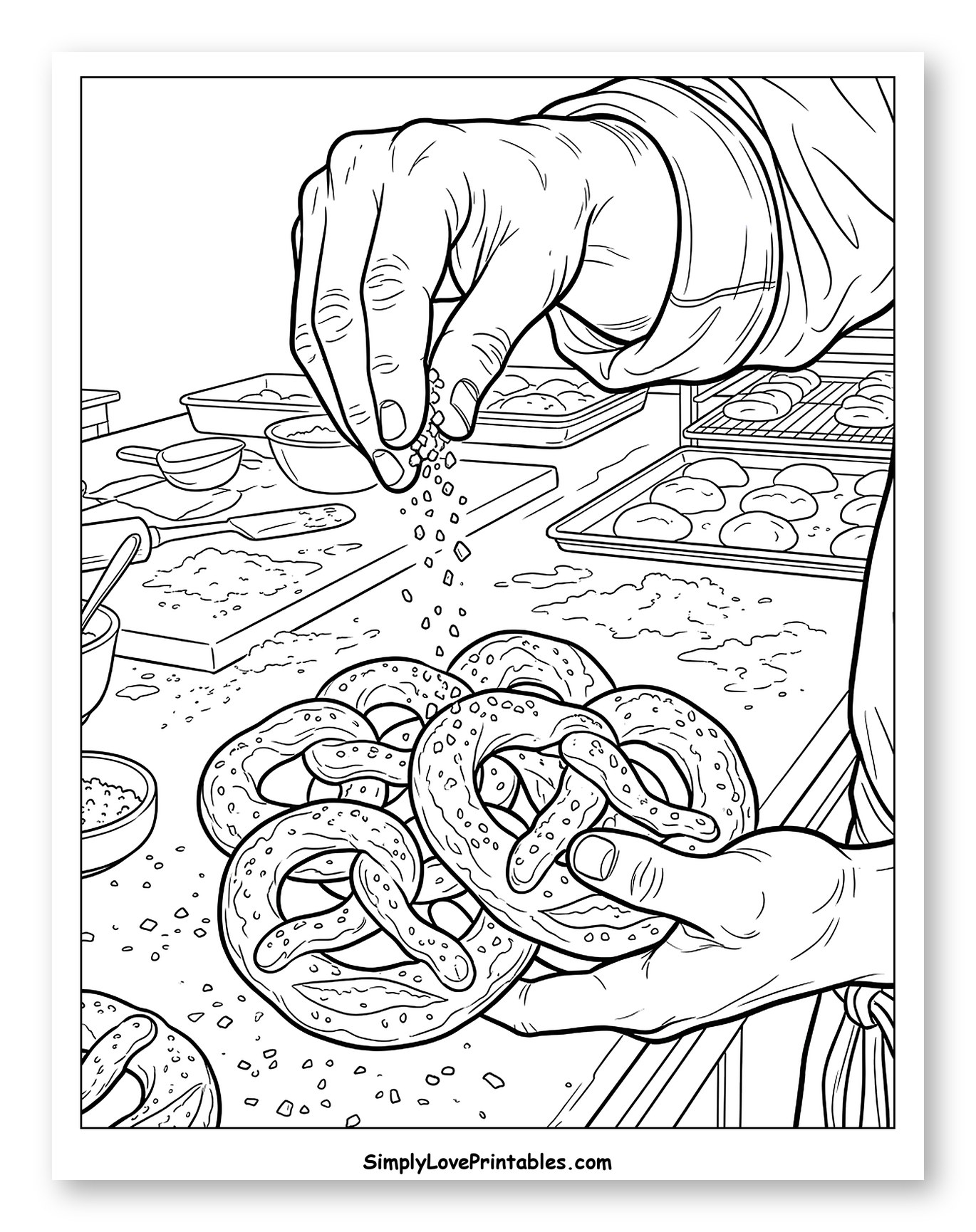 Baker Sprinkling Salt onto Fresh Pretzels Coloring Sheet