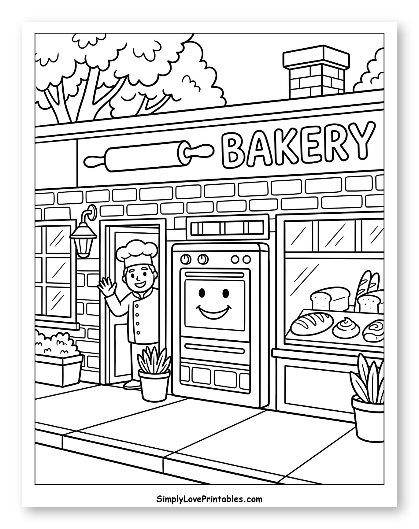 Bakery Storefront with Happy Baker and Oven Coloring Sheet for Toddlers