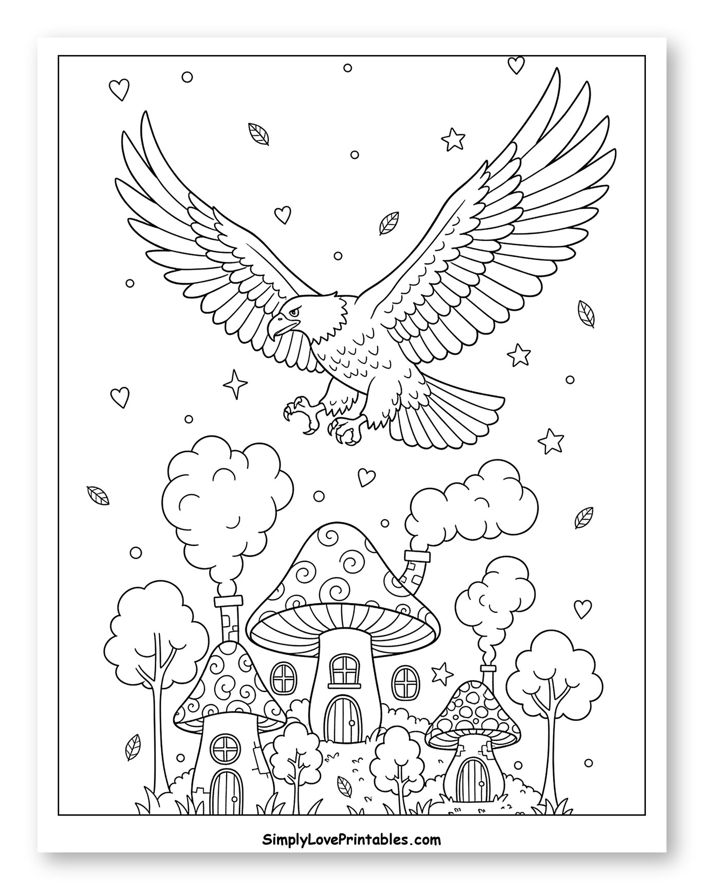 Bald Eagle Flying Over Mushroom Village
