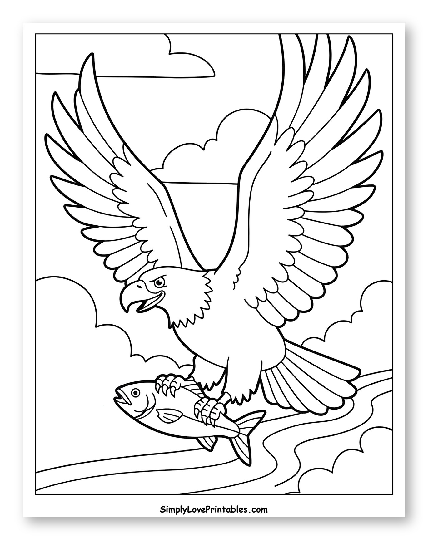 Bald Eagle Flying with Caught Fish Coloring Page for Toddlers