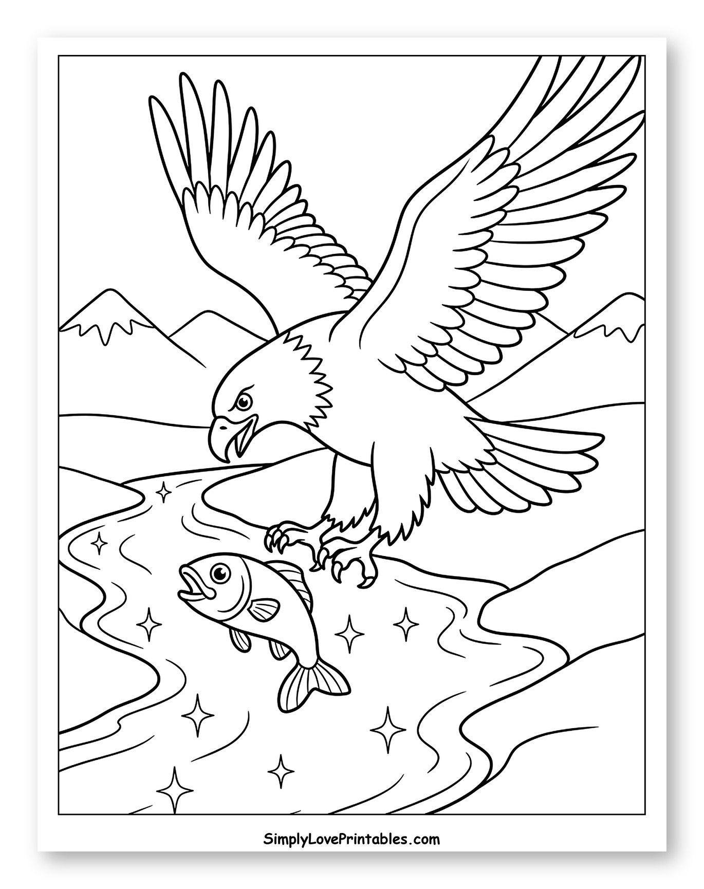 Bald Eagle Hunting Fish Over a Mountain River