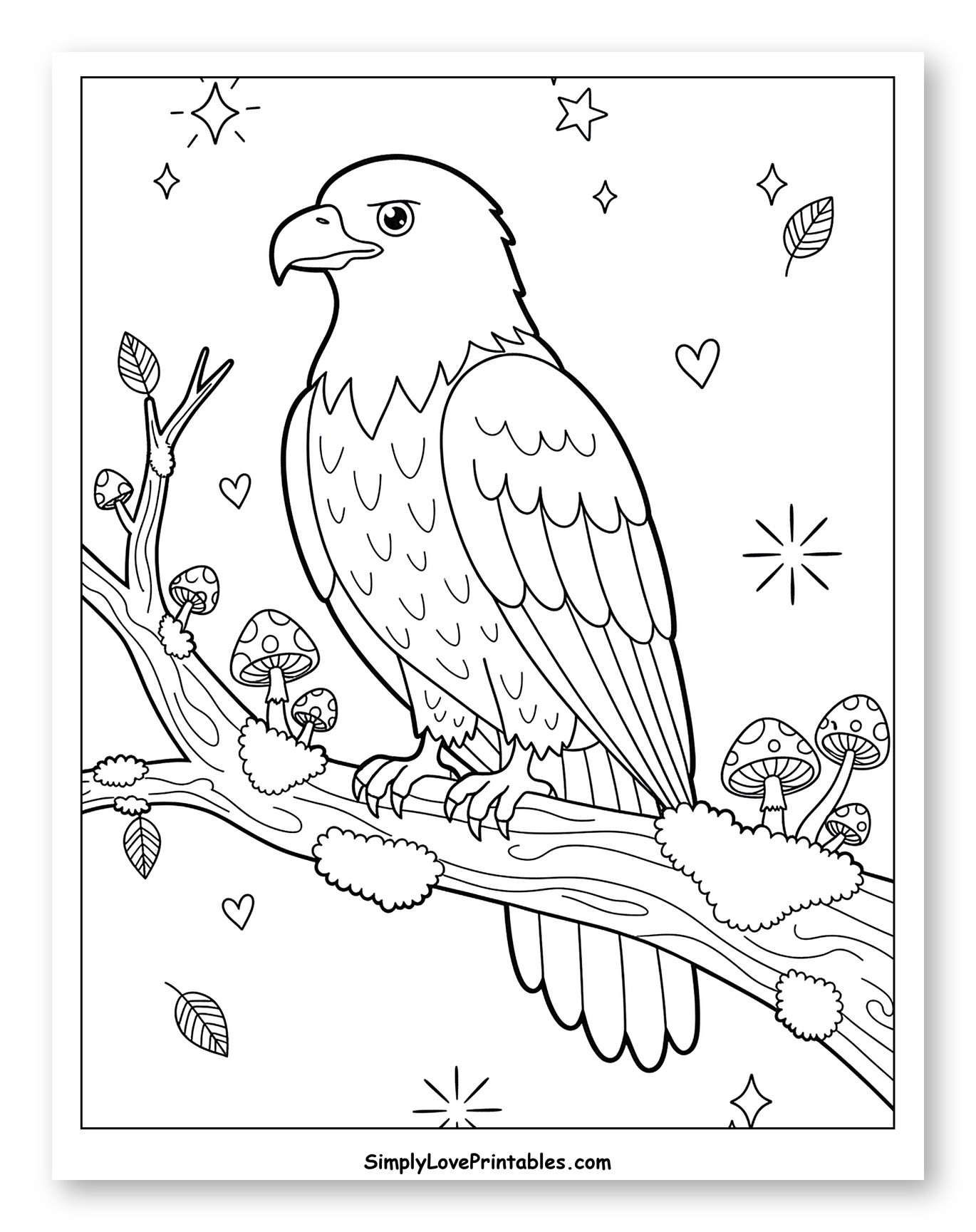 Bald Eagle Perched on a Branch with Mushrooms