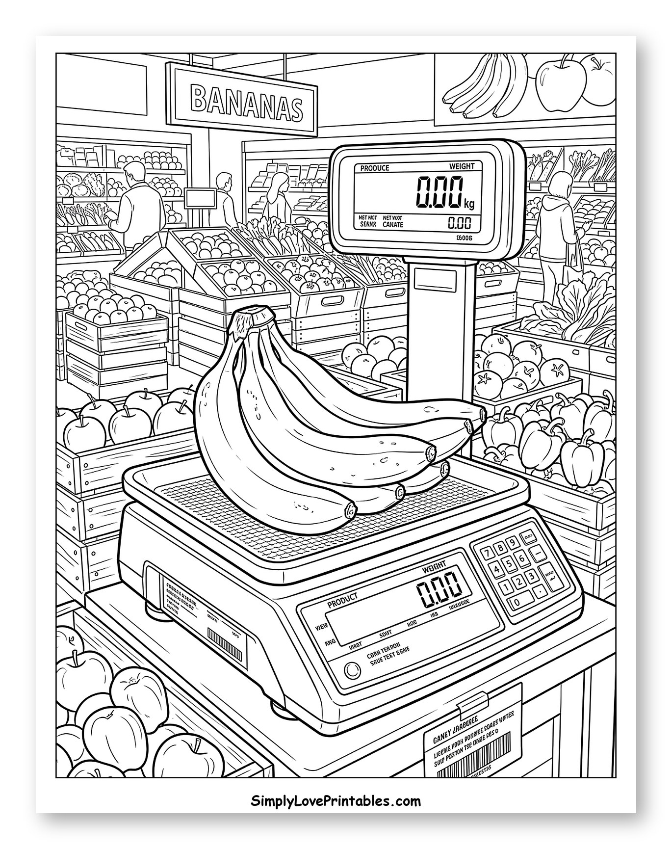 Bananas on a Scale in a Grocery Store Coloring Sheet