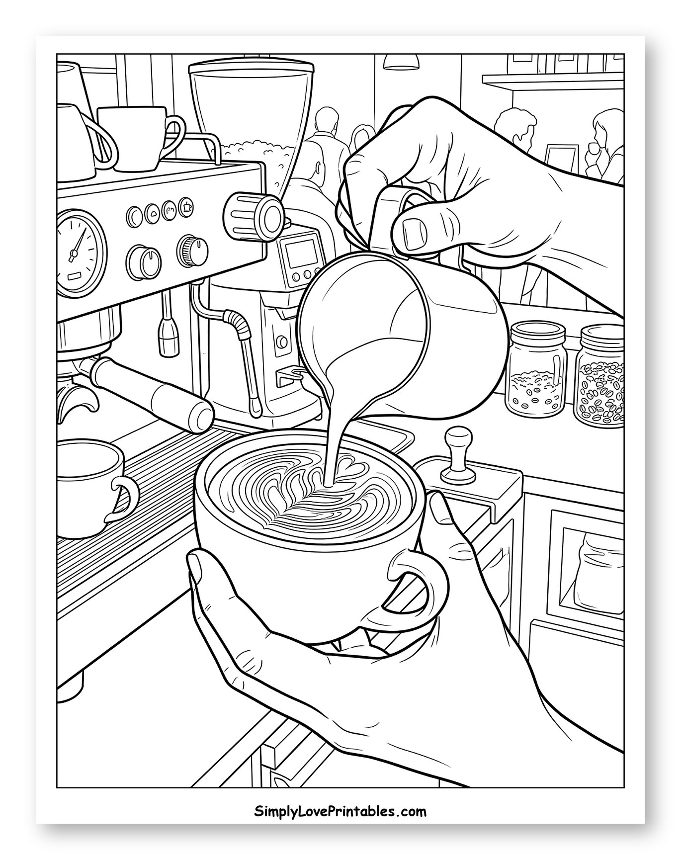 Barista Making Latte Art in a Coffee Shop Coloring Sheet