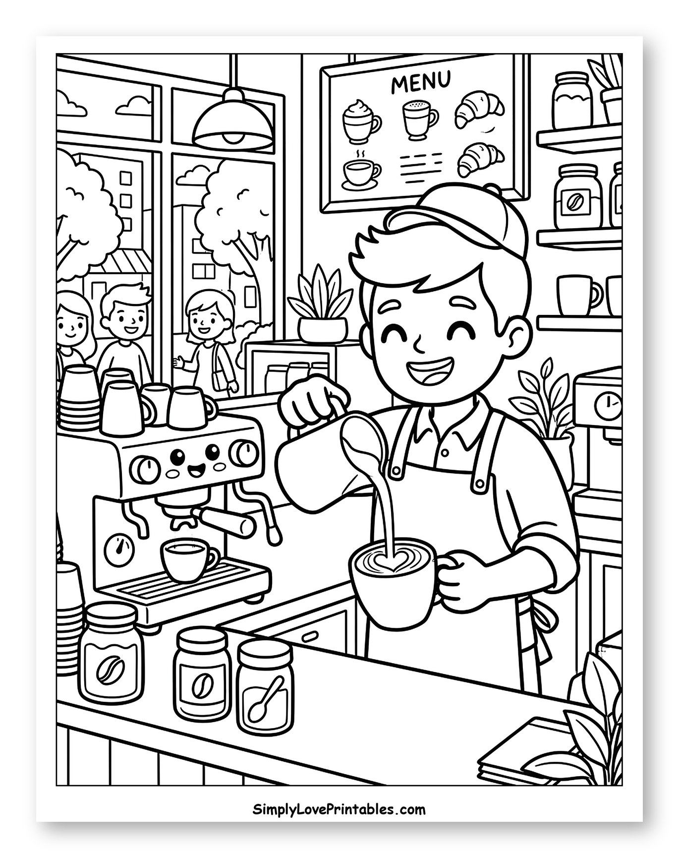 Barista Pouring Latte Art in Cafe Coloring Sheet for Kids