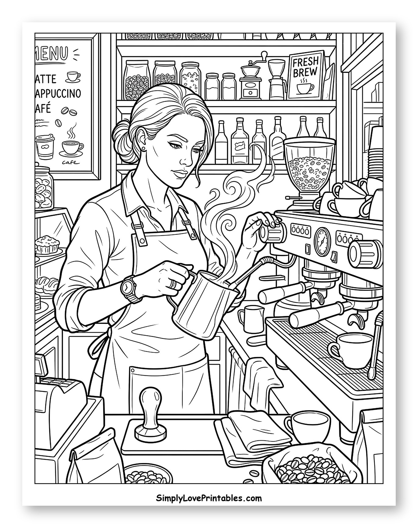 Barista Steaming Milk for Coffee Coloring Sheet