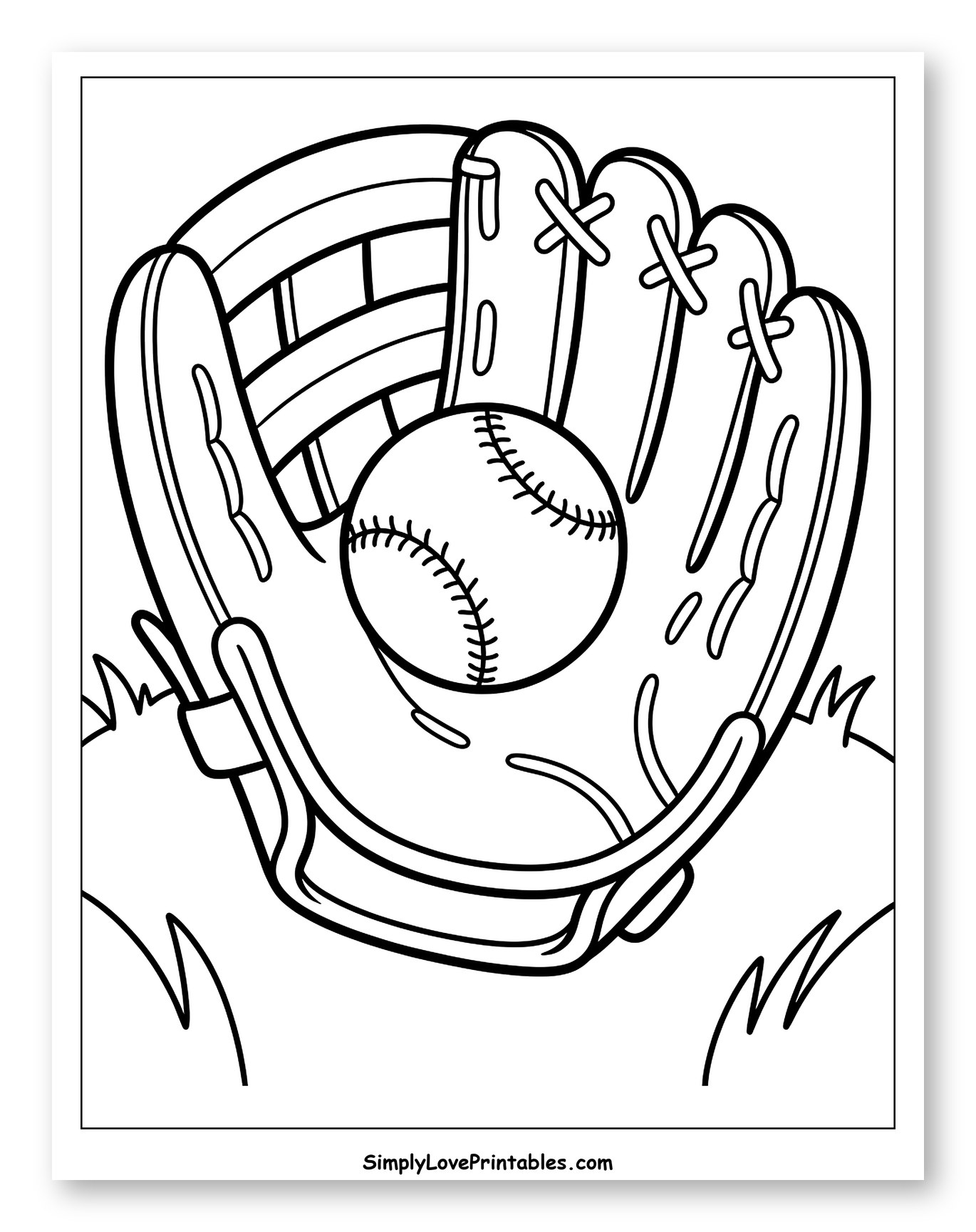 Baseball Glove with Ball on Grass Coloring Sheet for Toddlers