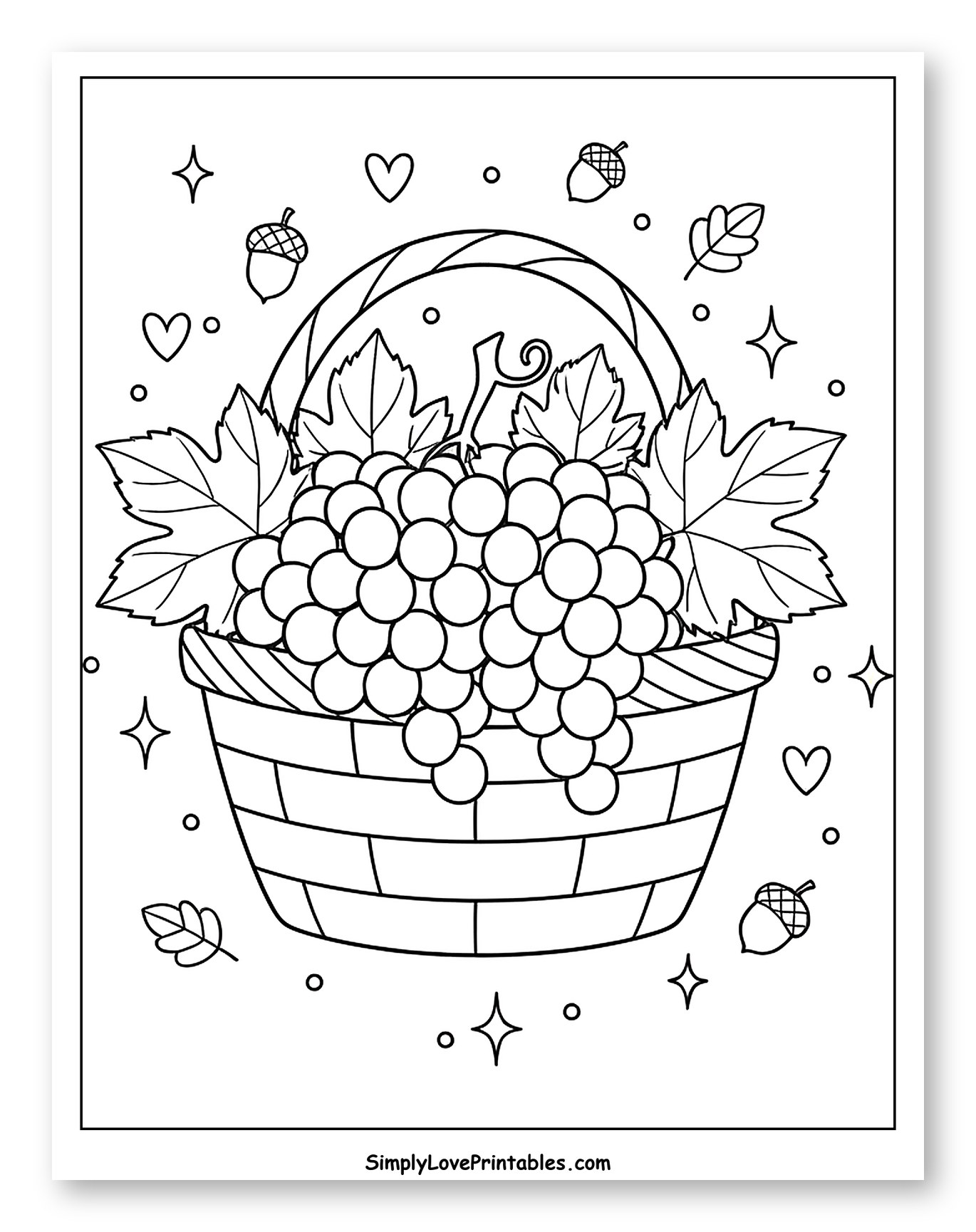 Basket Full of Grapes and Autumn Leaves Coloring Sheet for Adults
