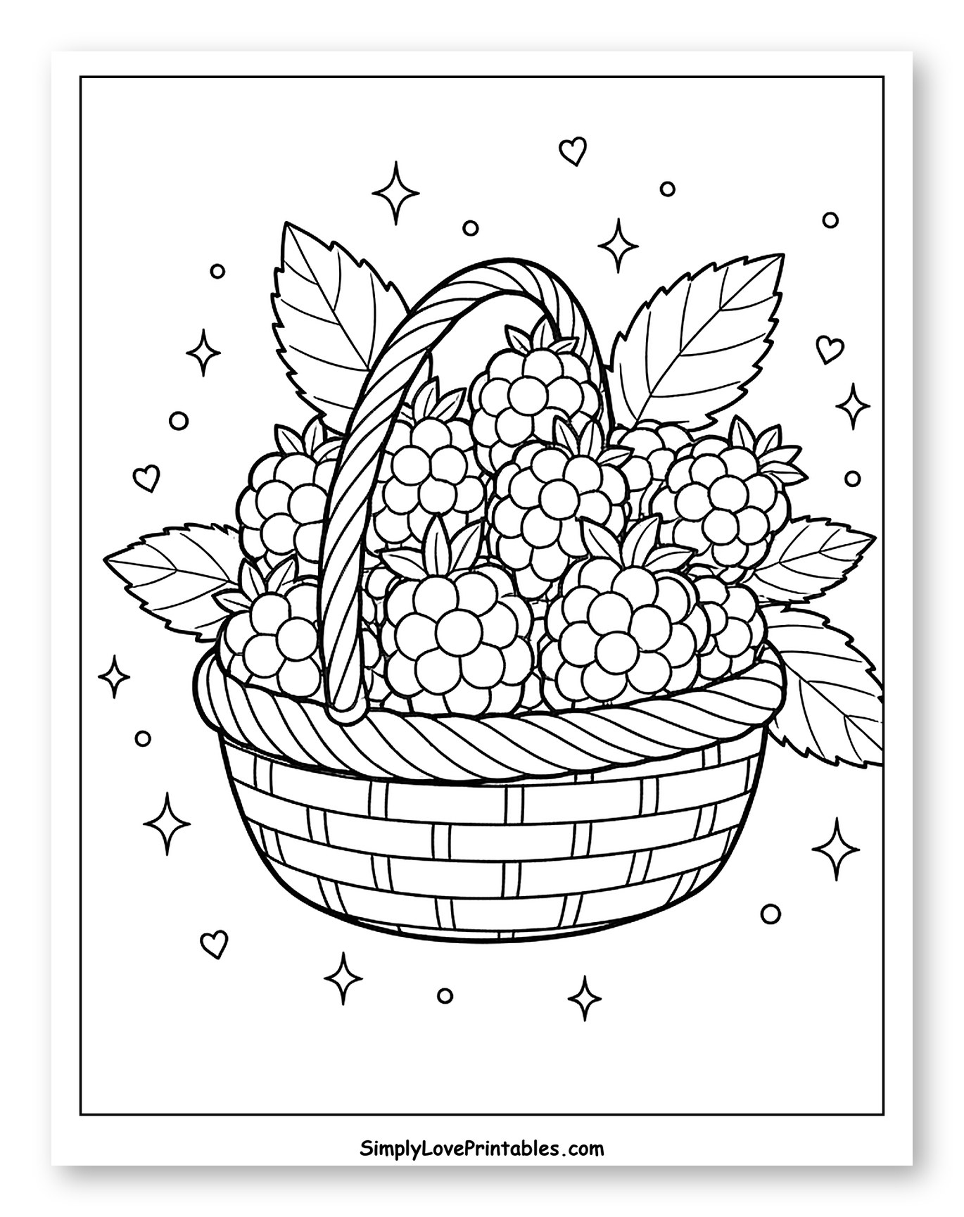 Basket Full of Ripe Blackberries and Leaves Coloring Page for Adults
