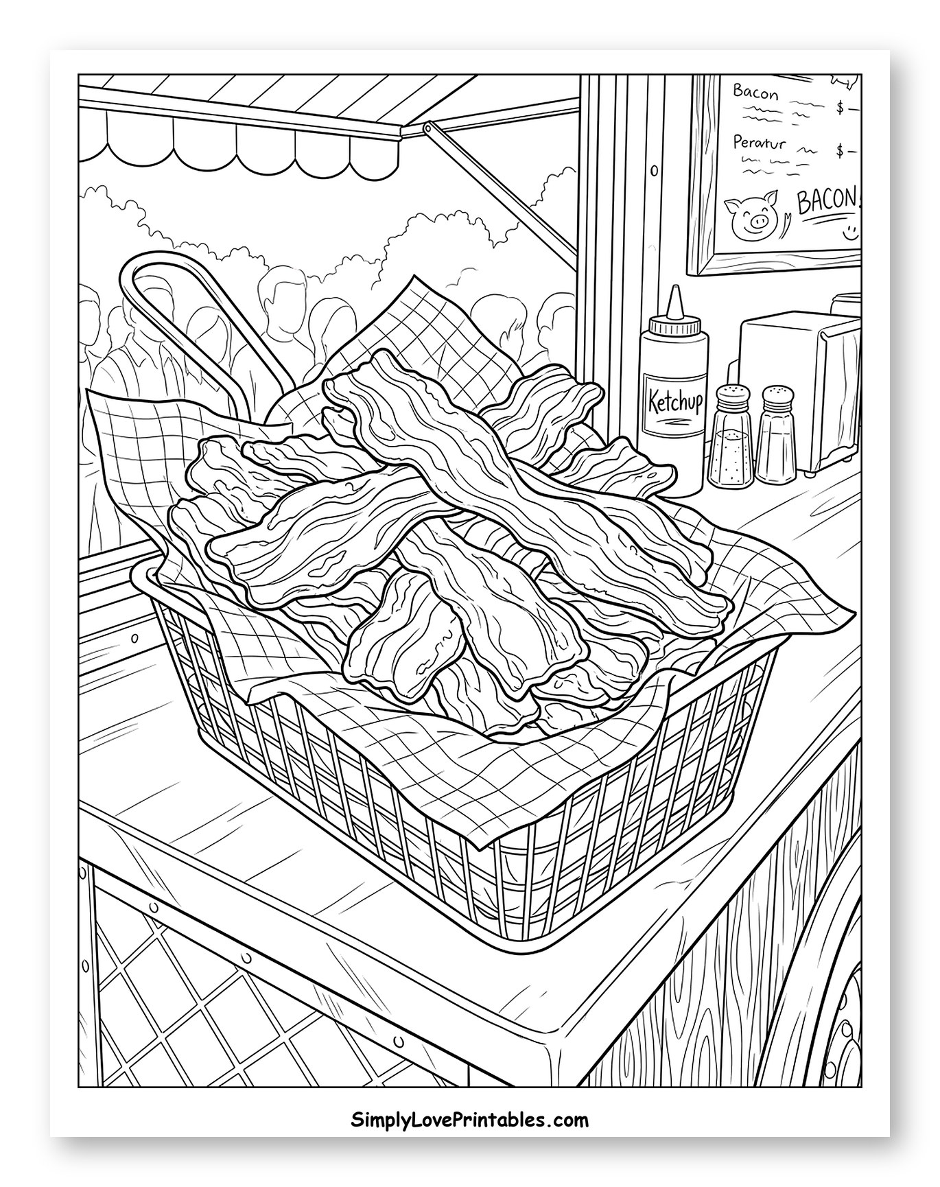 Basket of Crispy Bacon at a Food Stall Coloring Sheet