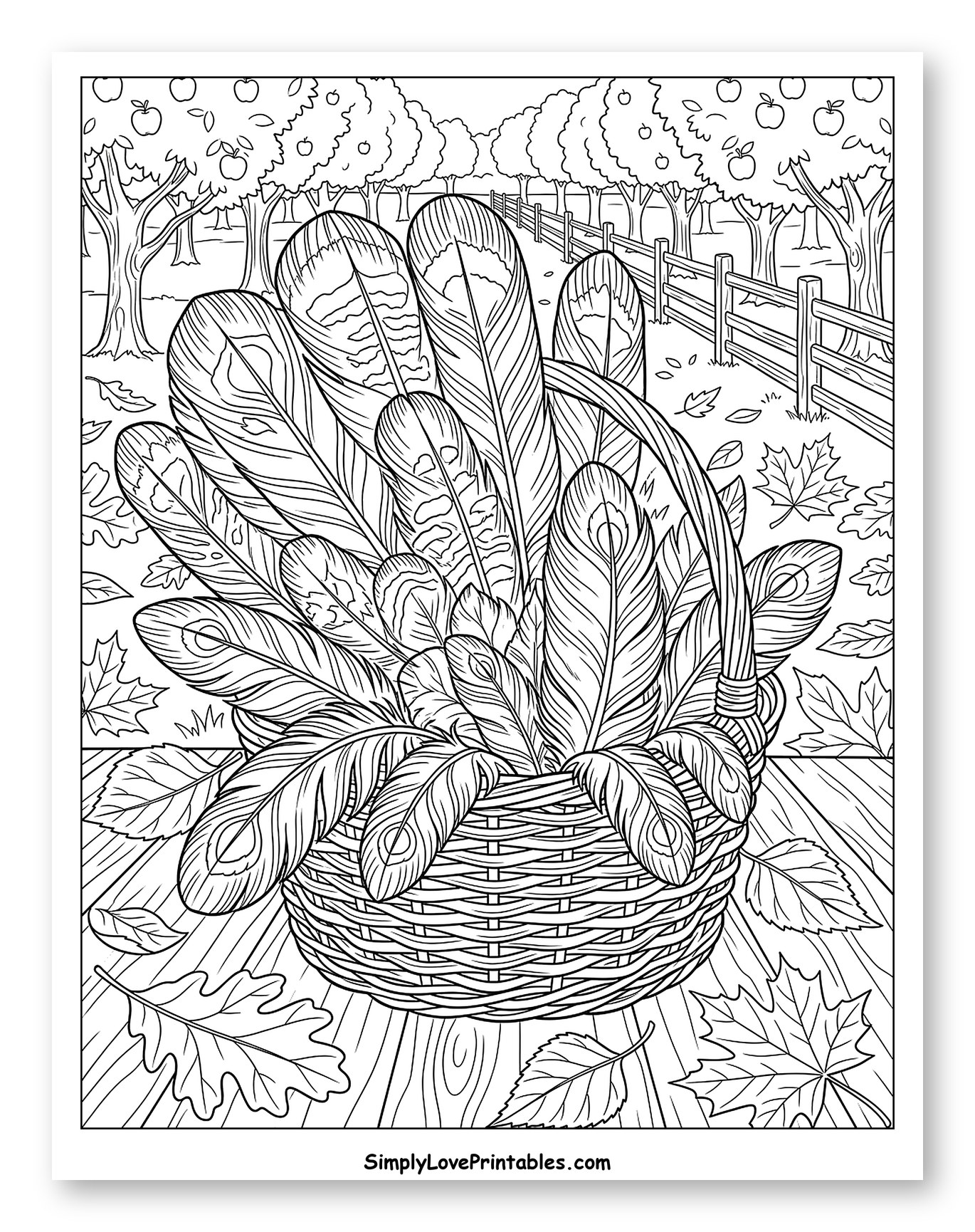 Basket of Feathers in an Autumn Orchard to Color