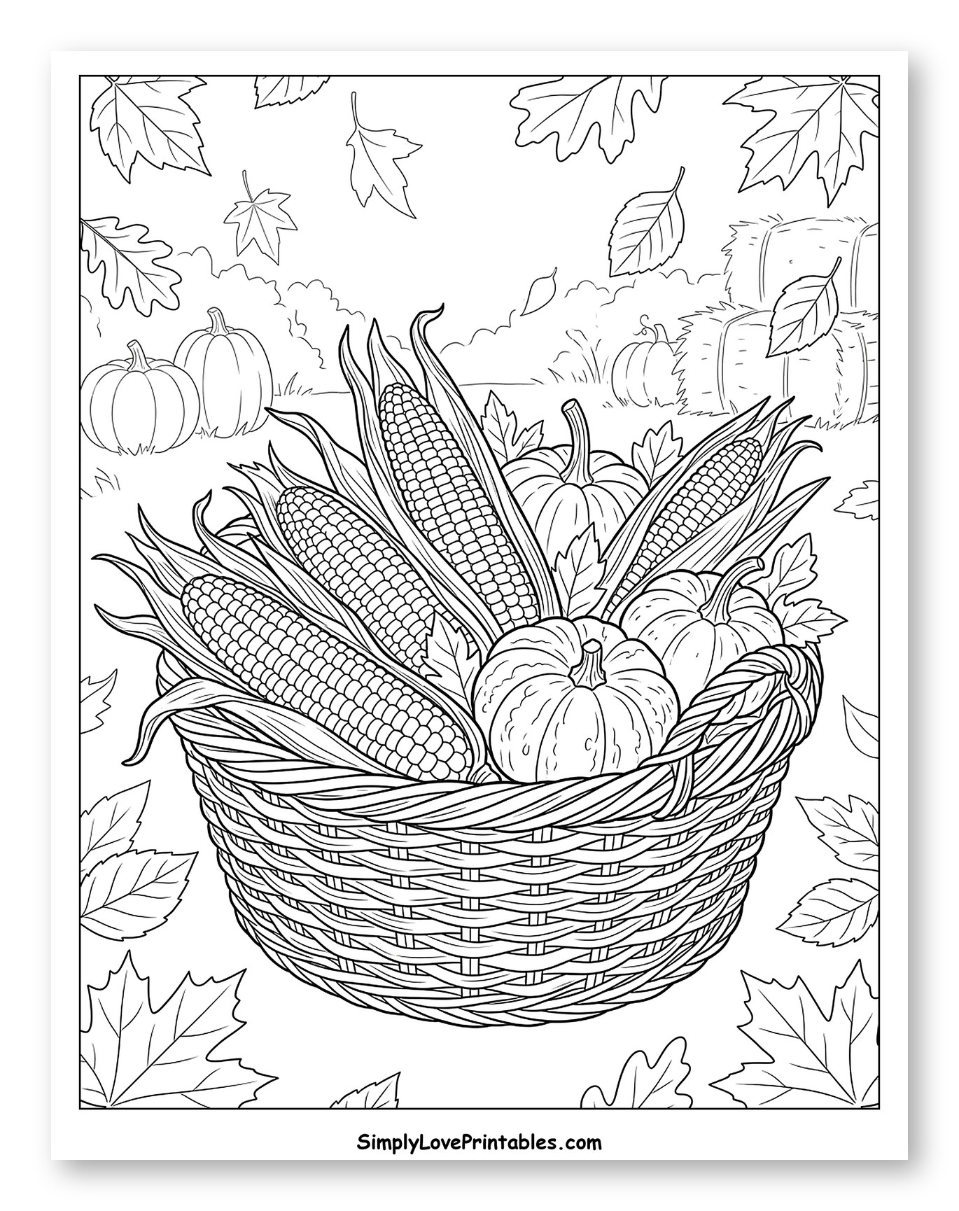 Basket of Indian Corn and Pumpkins with Autumn Leaves