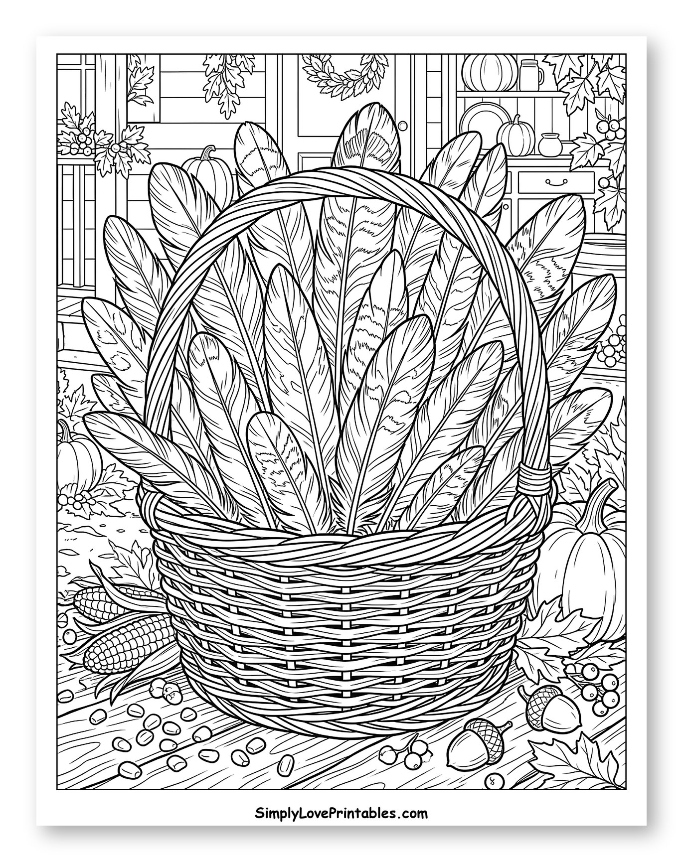 Basket of Turkey Feathers with Autumn Harvest to Color