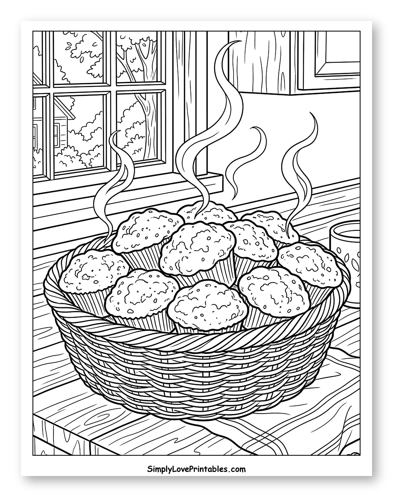 Basket of Warm Steaming Muffins by a Window Coloring Page