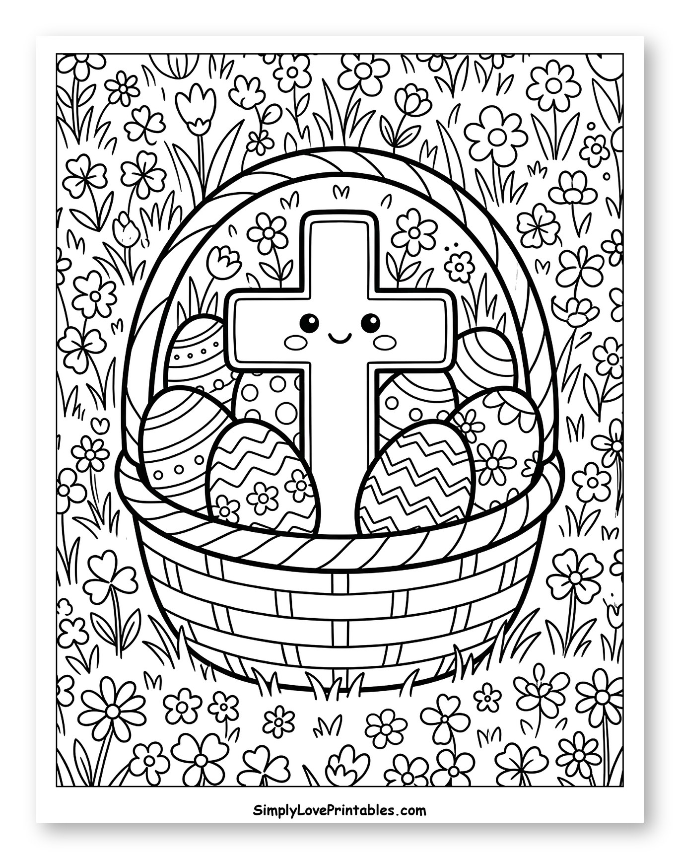 Basket with Happy Cross and Decorated Eggs Coloring Page for Kids