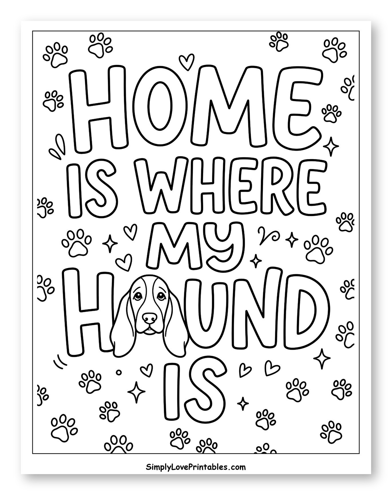Basset Hound 'Home Is Where My Hound Is' Quote Coloring Page for Adults