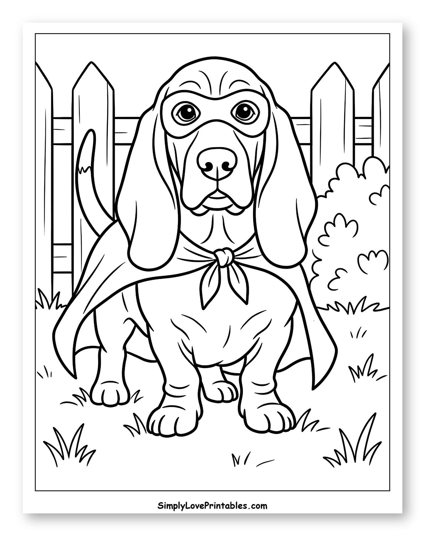 Basset Hound in Superhero Mask and Cape Coloring Sheet for Kids