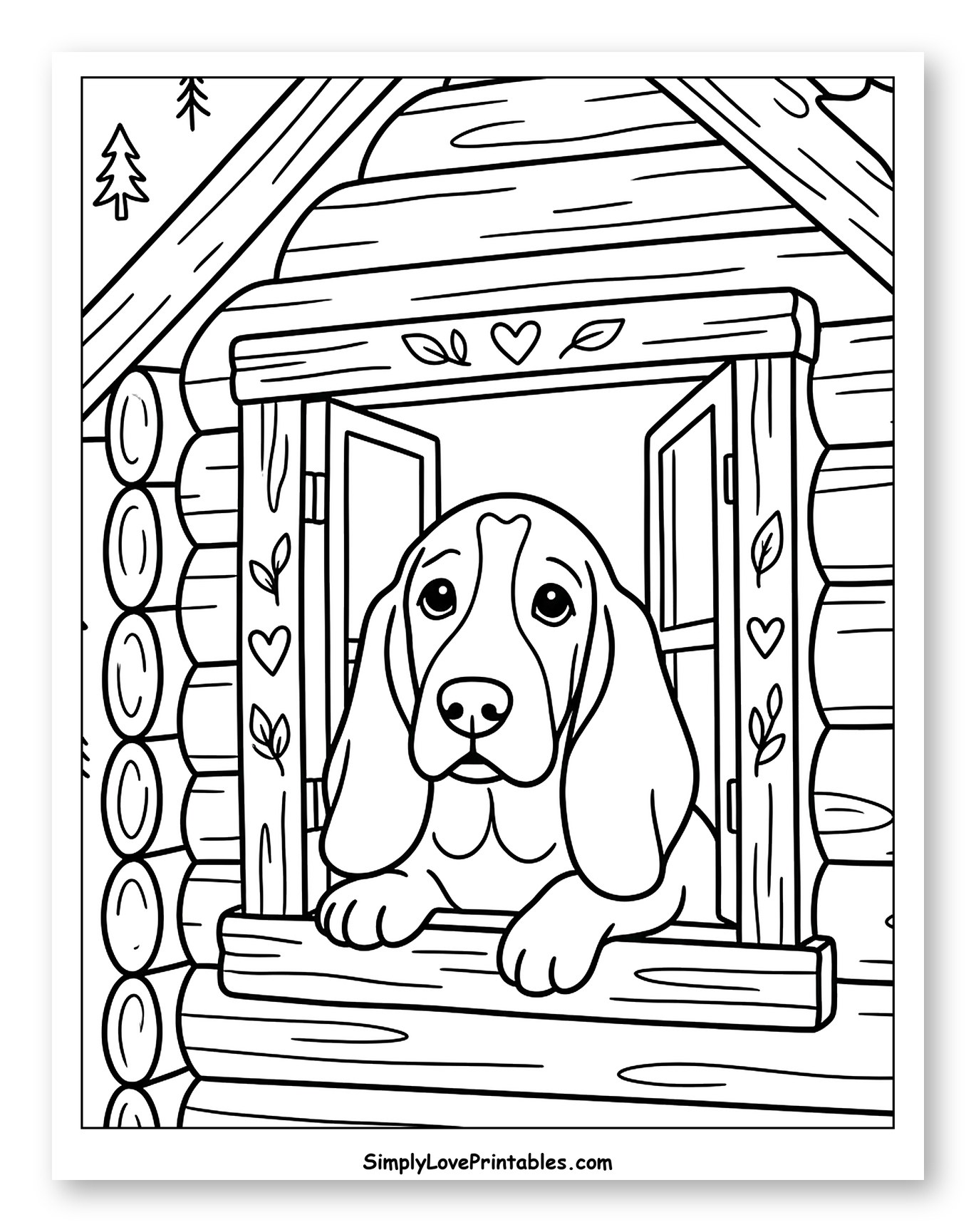 Basset Hound Peeking from Log Cabin Window to Color for Adults
