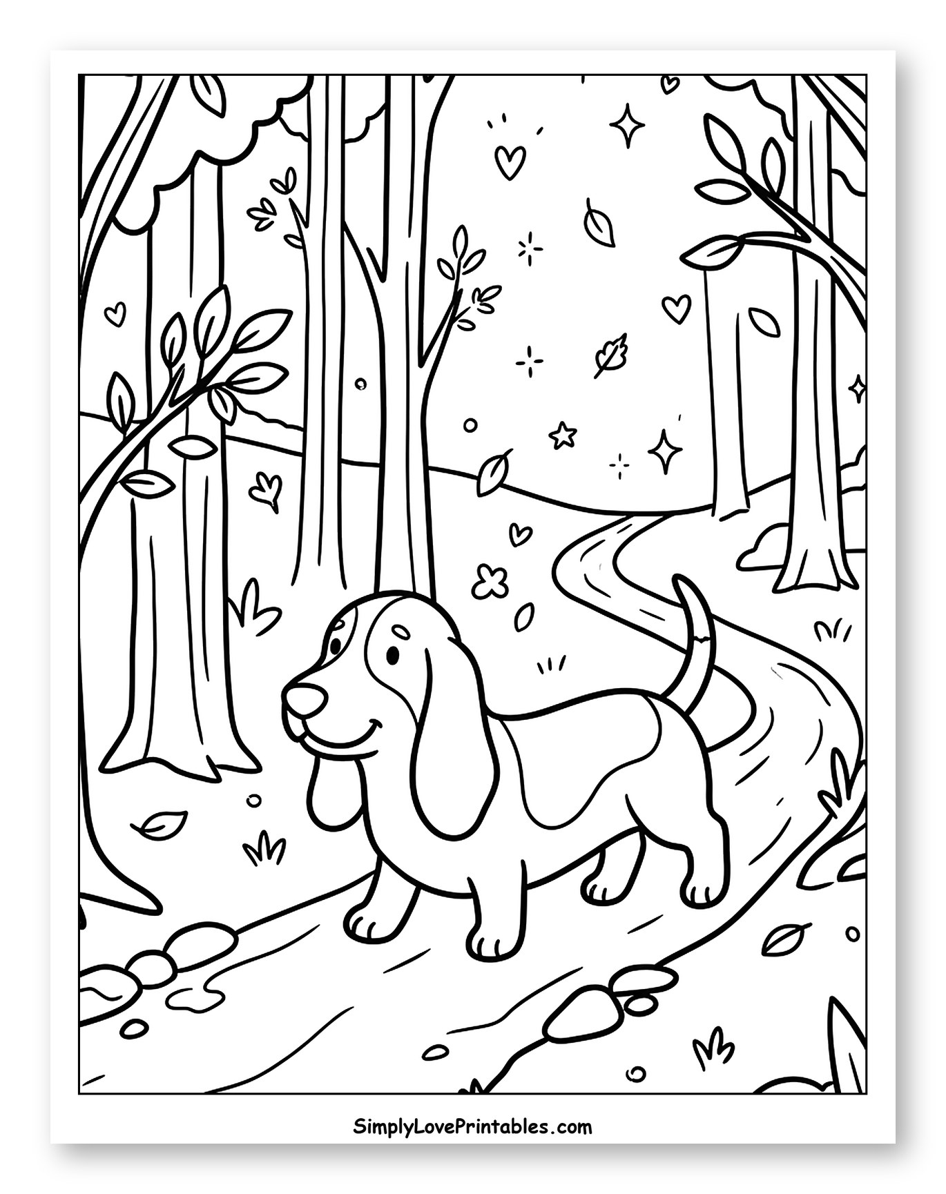 Basset Hound Walking Through a Whimsical Forest Coloring Sheet for Adults