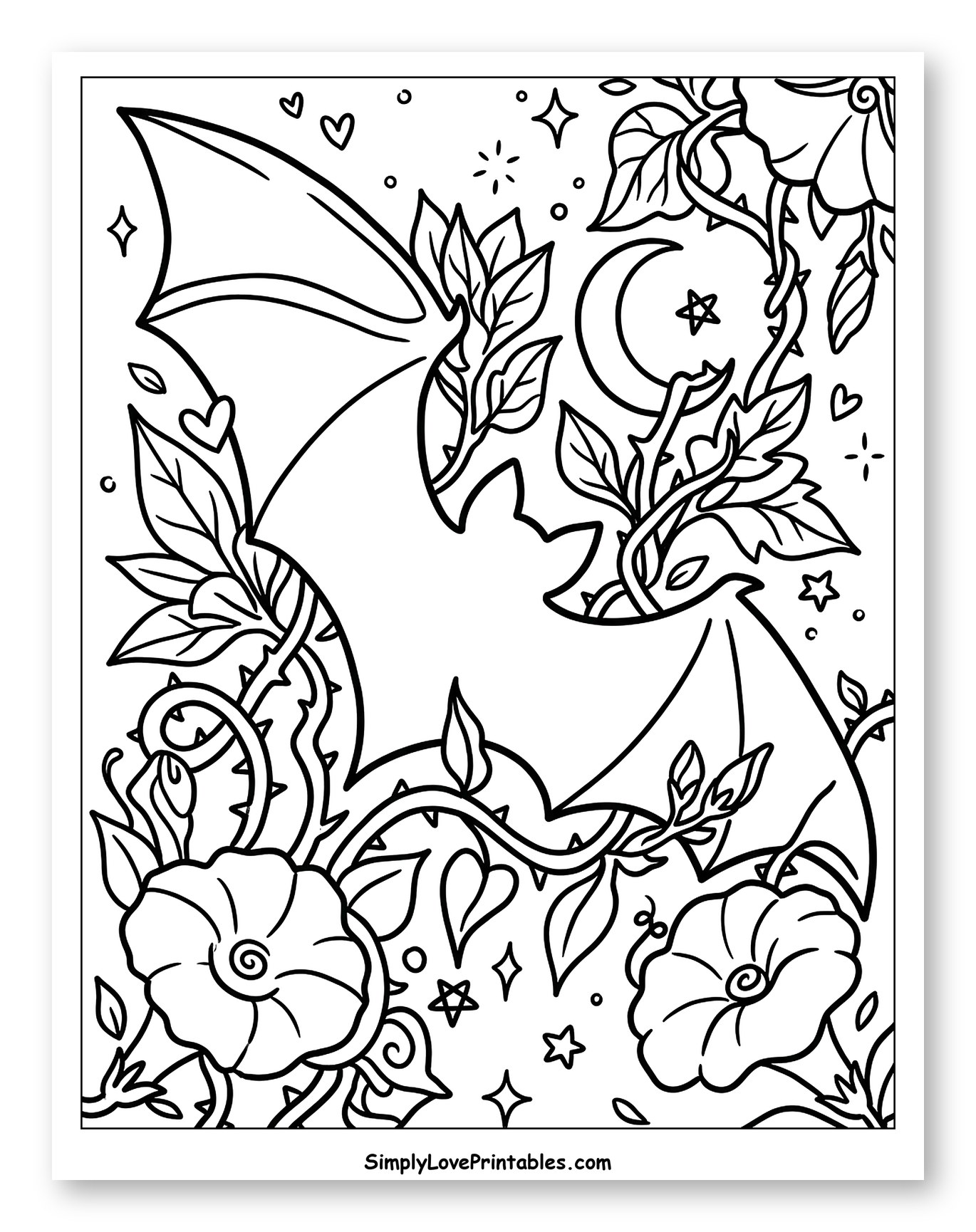 Bat Flying Amongst Moon, Stars, and Flowers to Color for Adults