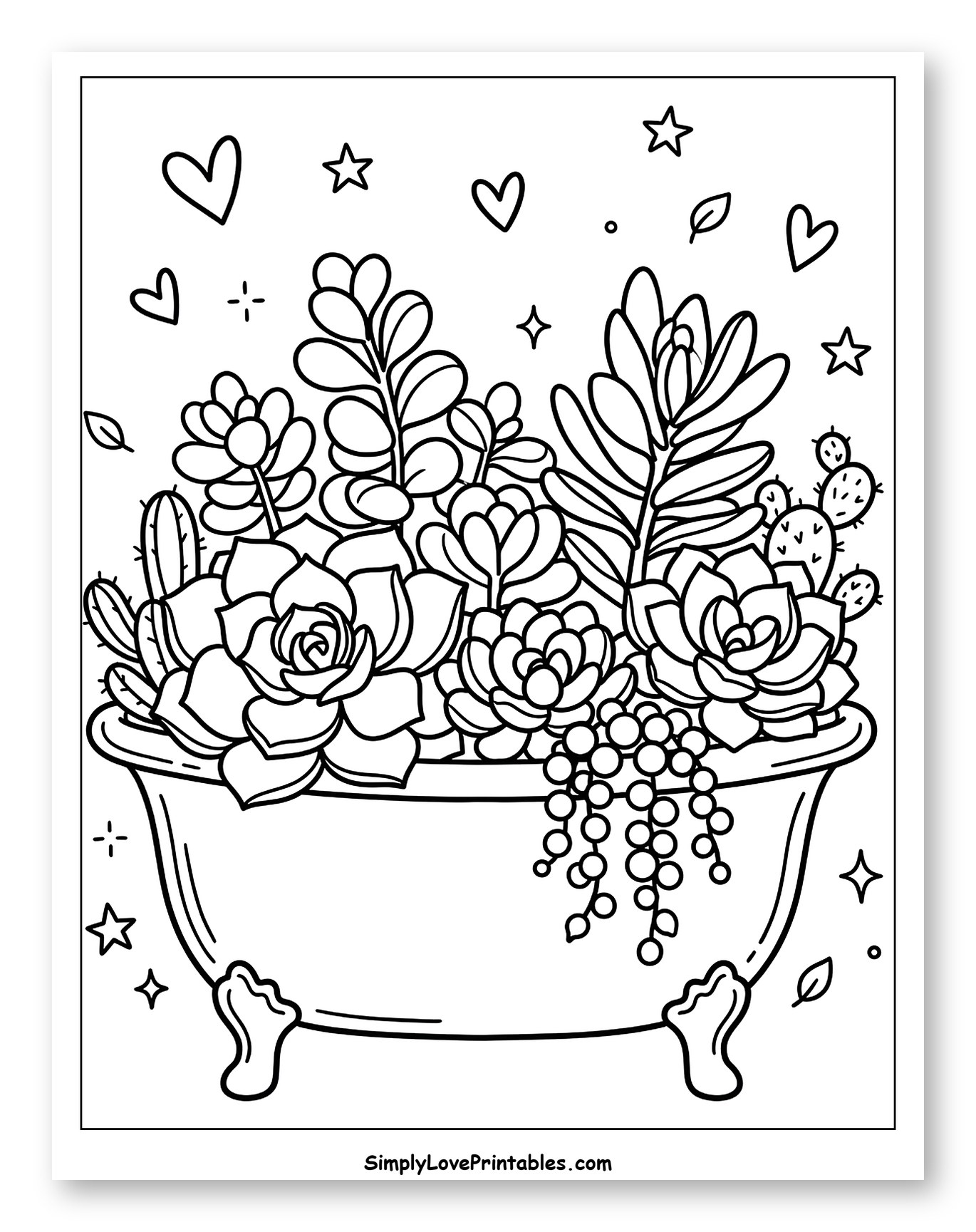 Bathtub Full of Lovely Succulents and Hearts Coloring Sheet for Adults