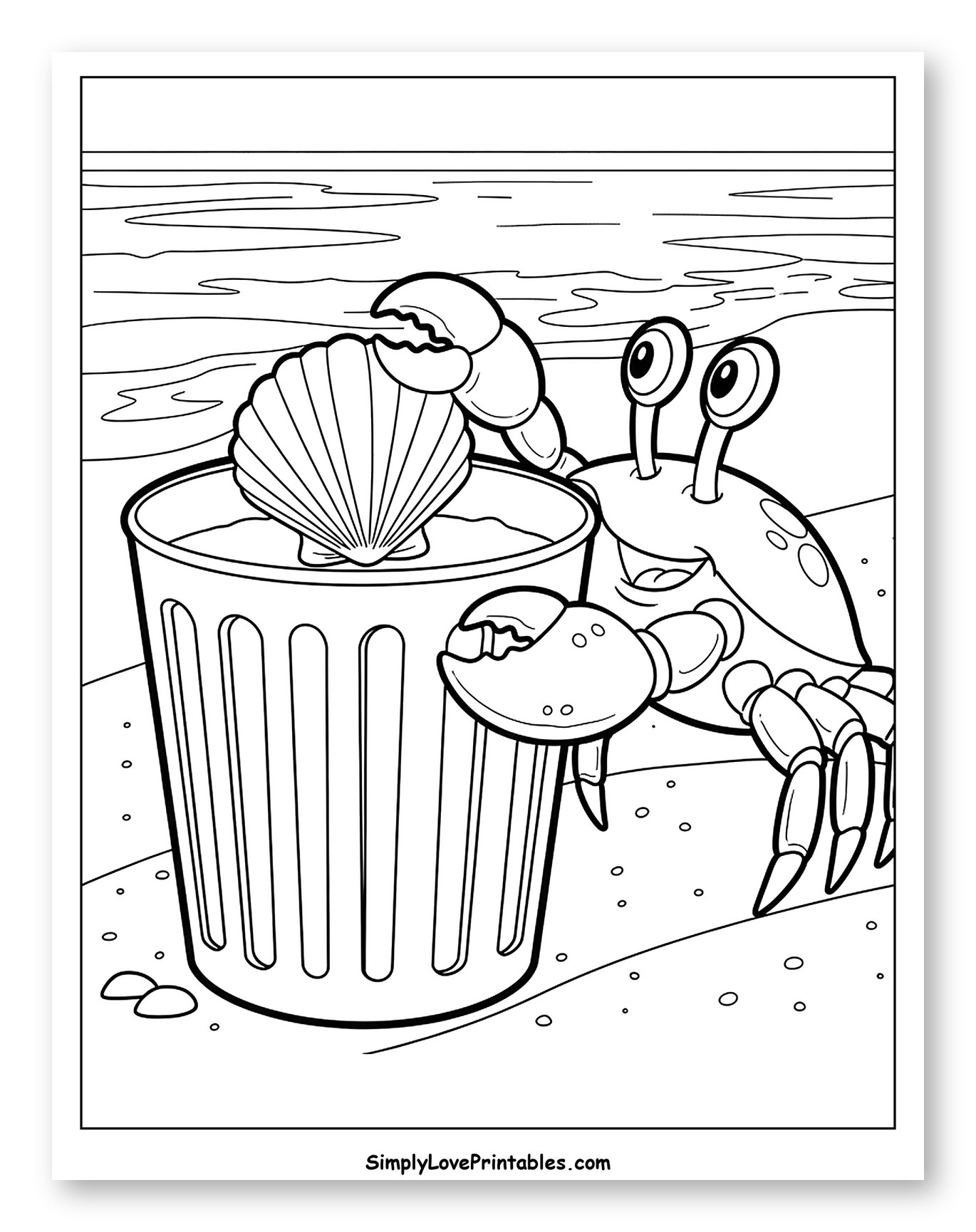 Beach Crab with Seashell in Trash Can Coloring Page for Kids