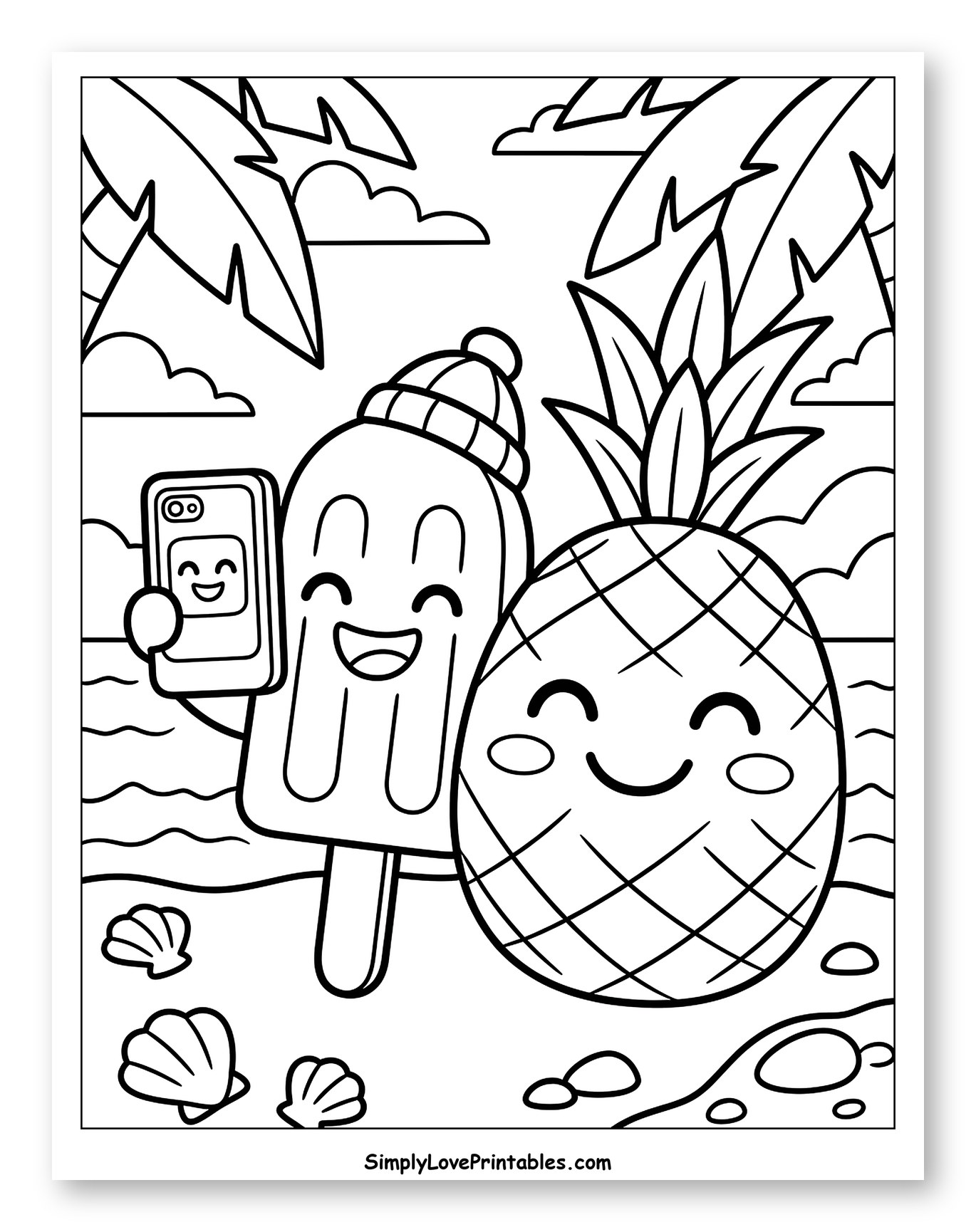 Beach Day Selfie with Popsicle and Pineapple to Color for Kids