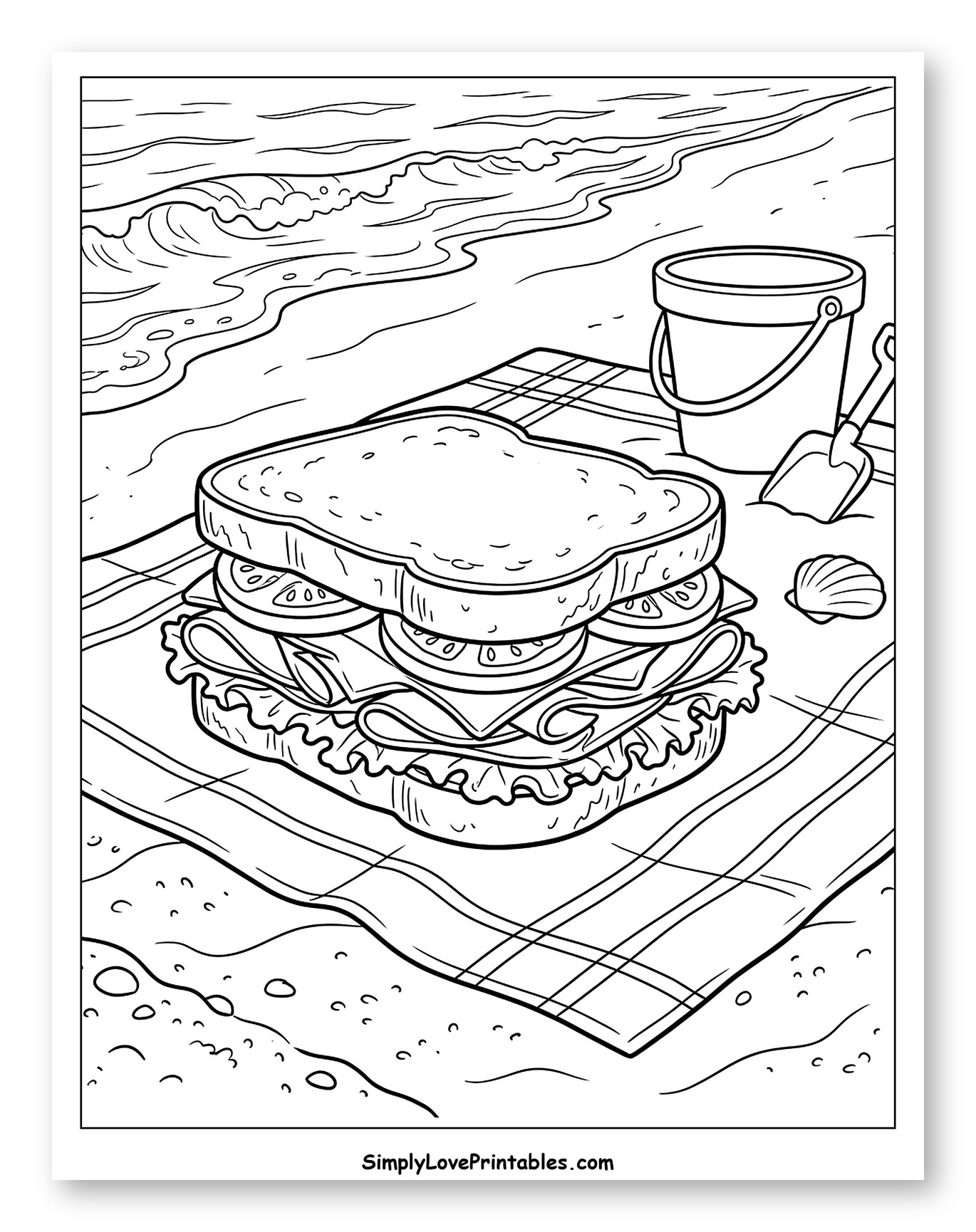 Beach Picnic with a Delicious Sandwich Coloring Page