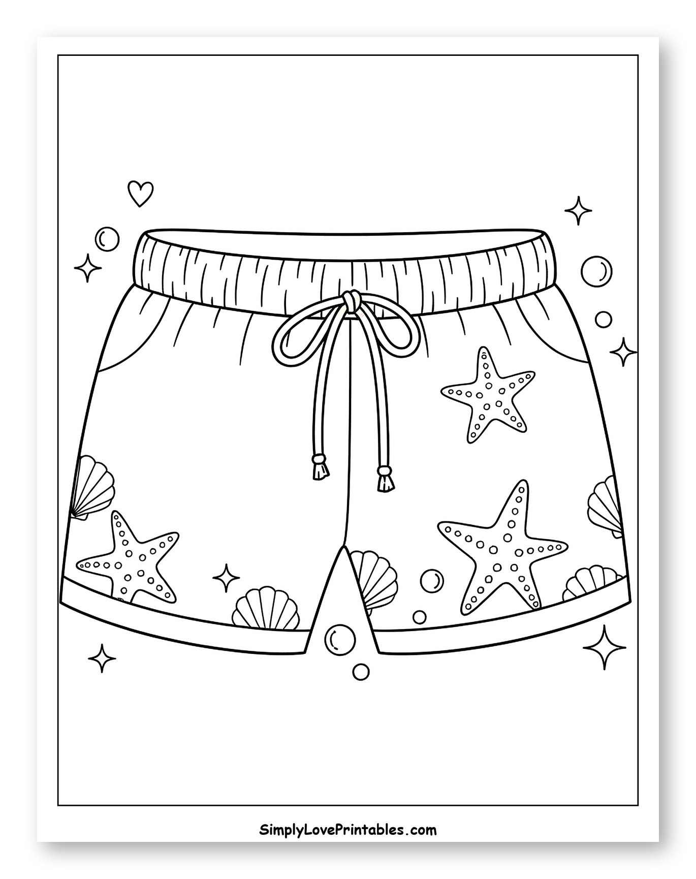 Beach Shorts with Starfish and Seashells Coloring Page for Adults