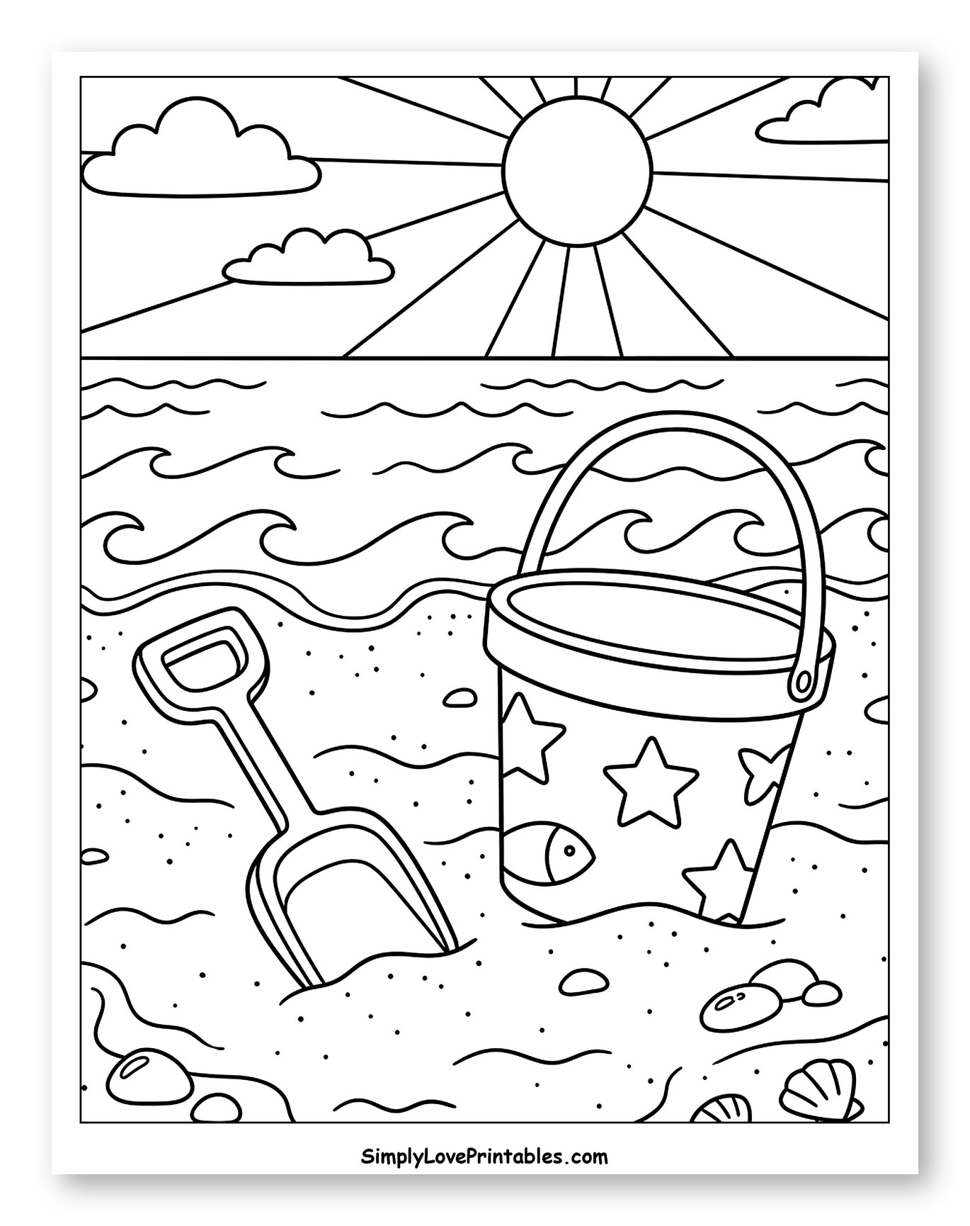 Beach Shovel and Bucket on a Sunny Day Coloring Sheet for Kids