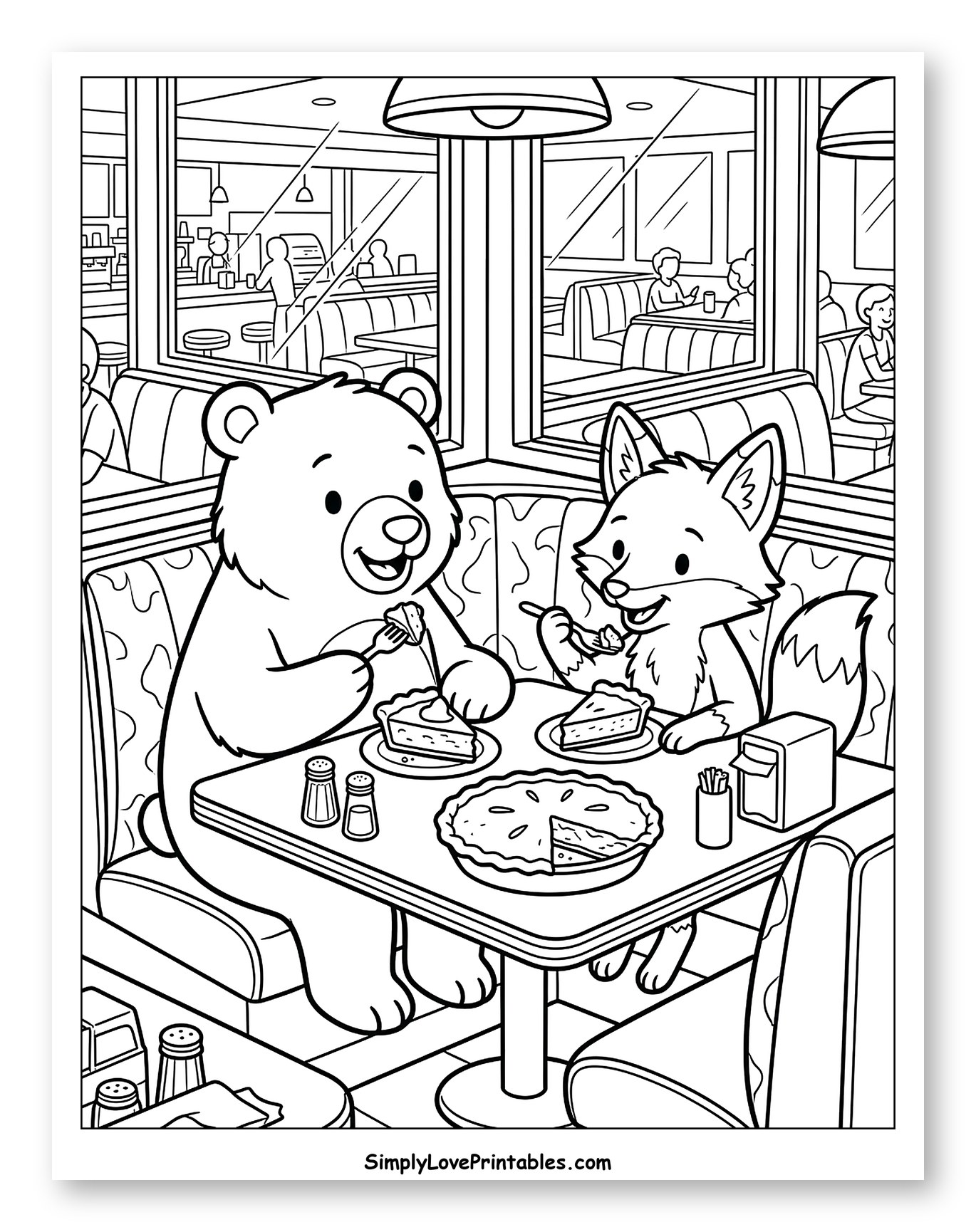 Bear and Fox Eating Pie at Diner Coloring Page for Kids