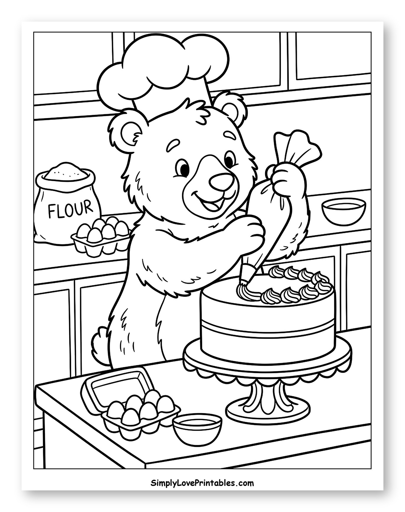 Bear Baker Icing a Two-Tier Cake Coloring Page for Kids