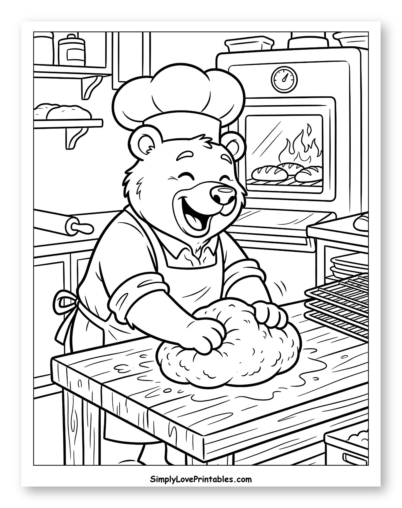 Bear Baker Kneading Dough in Kitchen