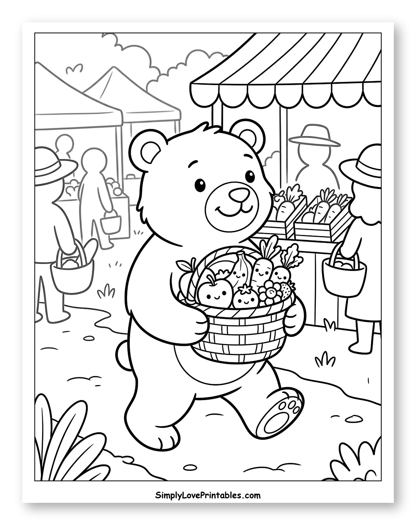 Bear Carrying Produce at Farmer's Market to Color for Kids