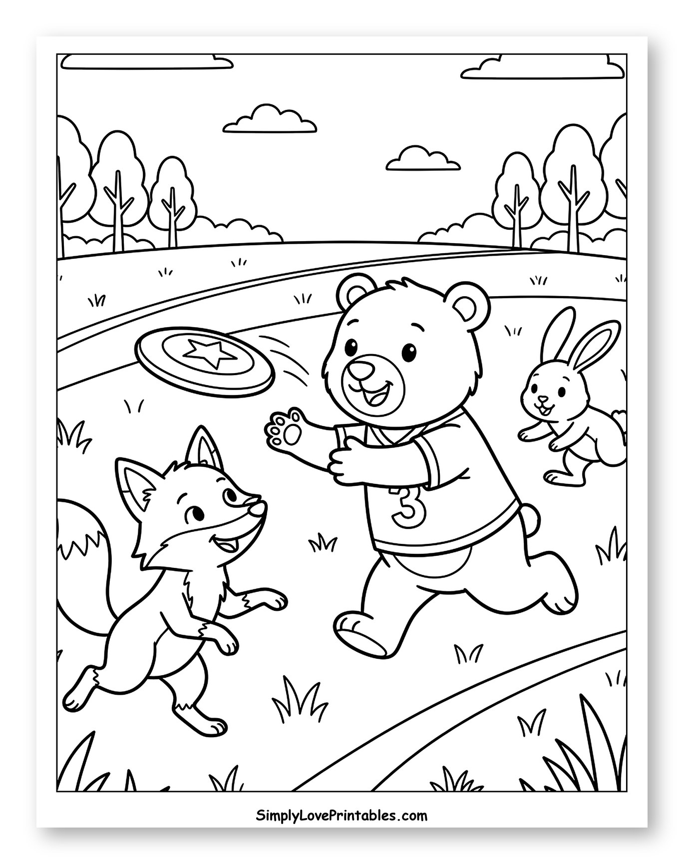 Bear, Fox, and Bunny Playing Frisbee Coloring Page for Kids
