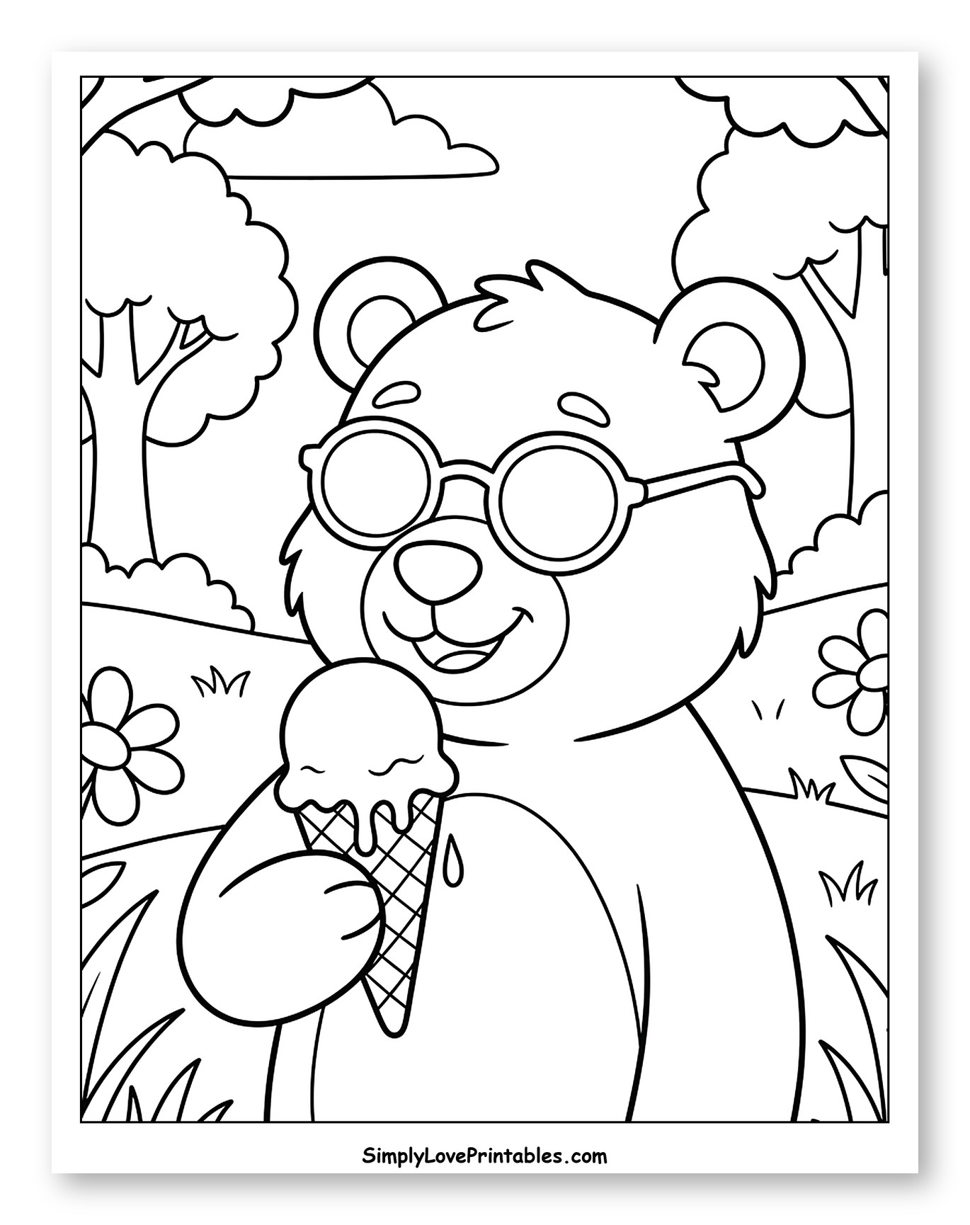 Bear in Sunglasses Enjoying Ice Cream Outdoors