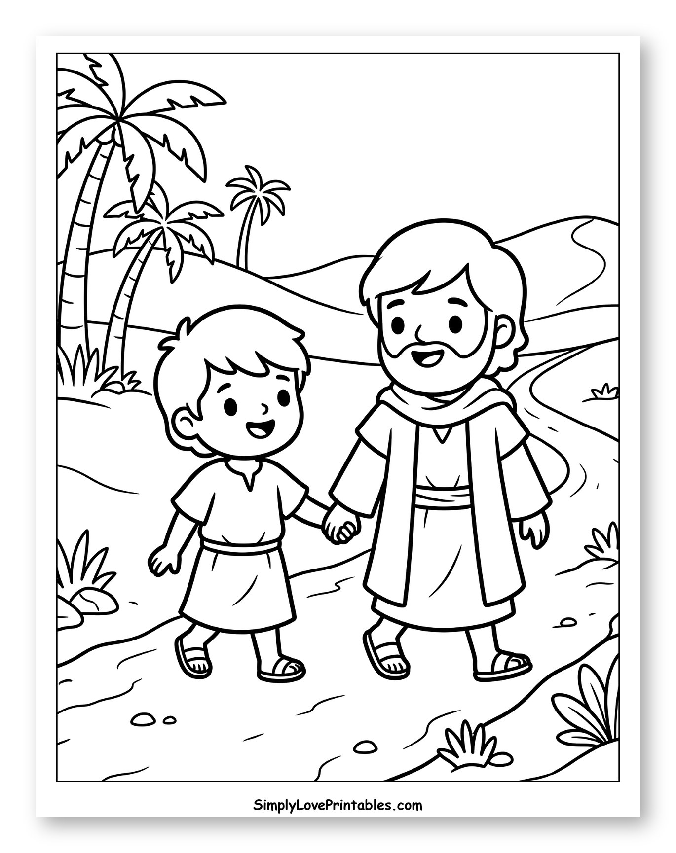 Bearded Man and Boy on Path Coloring Page for Kids