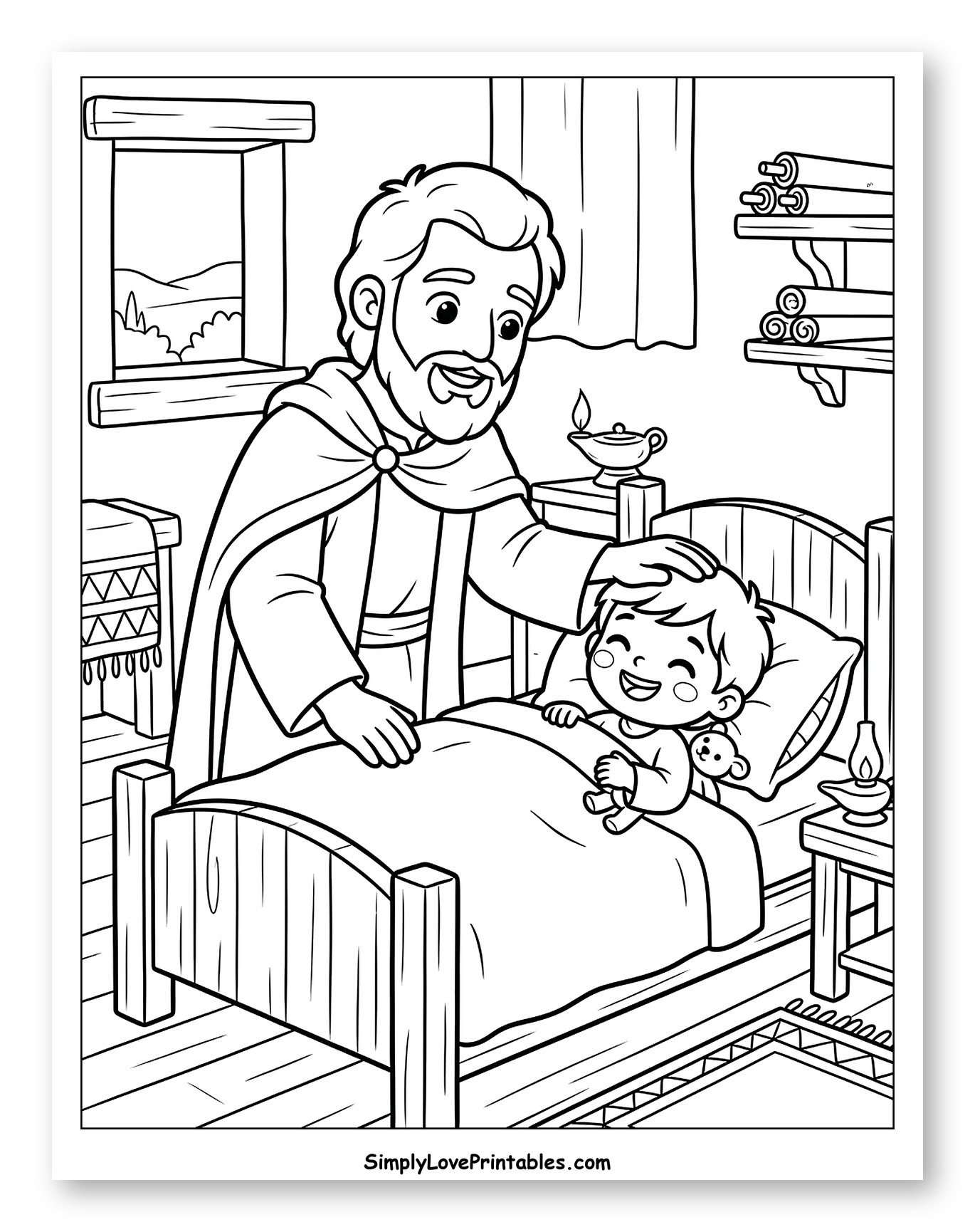 Bearded Man Comforting Child in Bed